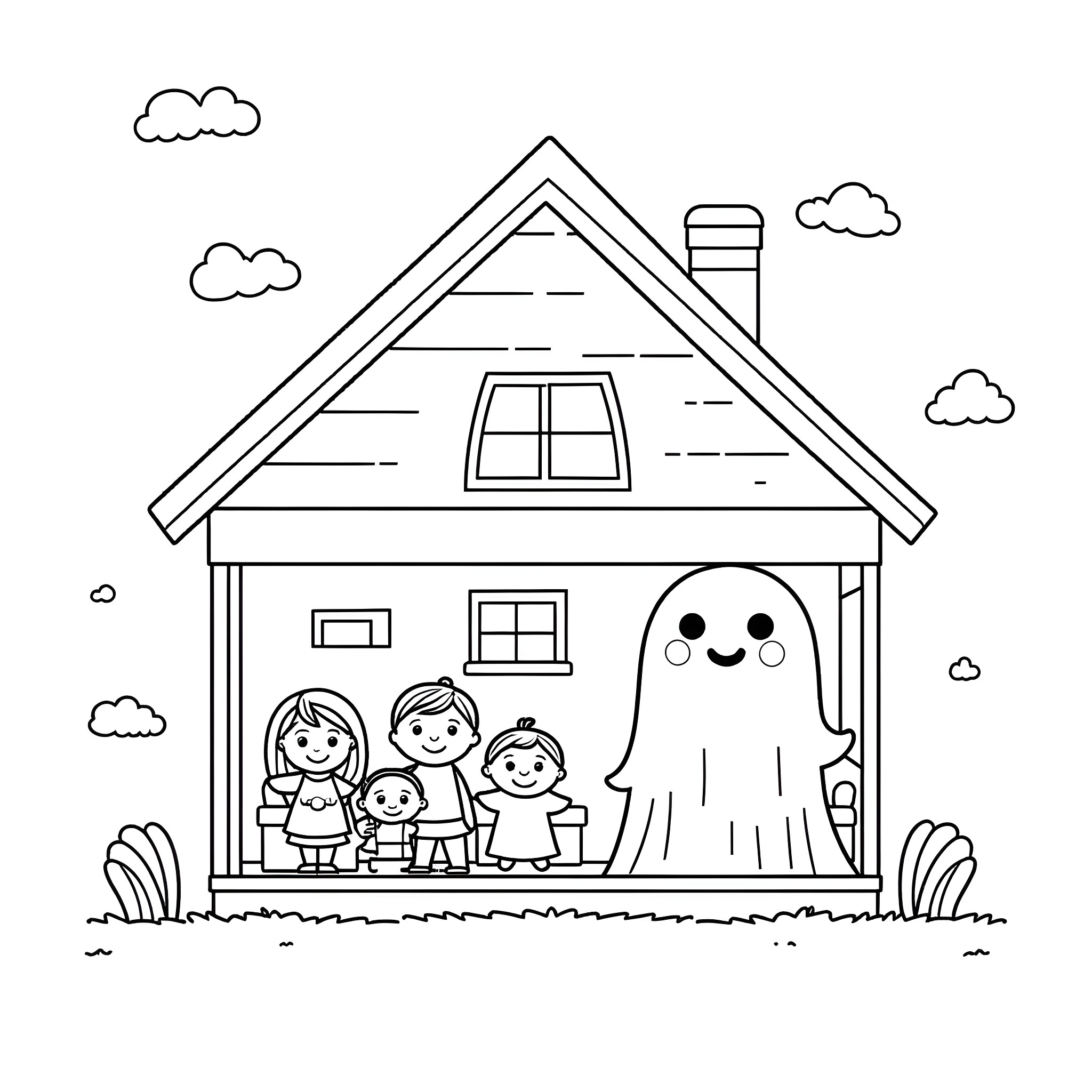 Ghost family enjoying cozy home Coloring Page (free black-and-white line drawing printable PDF for all, from beginners to advanced learners, including children, teens, adults, and seniors)