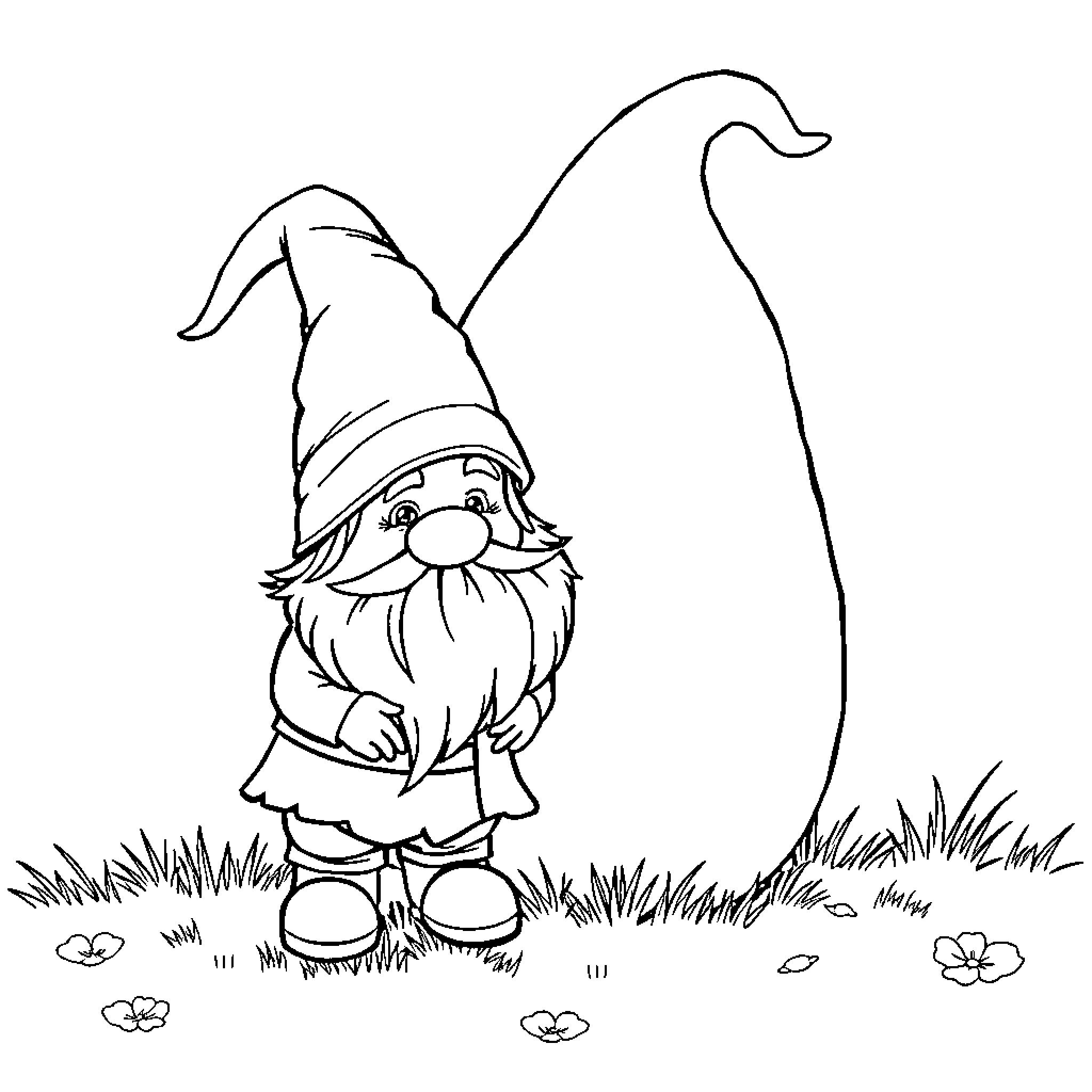 Gnome enjoying nature in the outdoors Coloring Page (free black-and-white line drawing printable PDF for all, from beginners to advanced learners, including children, teens, adults, and seniors)