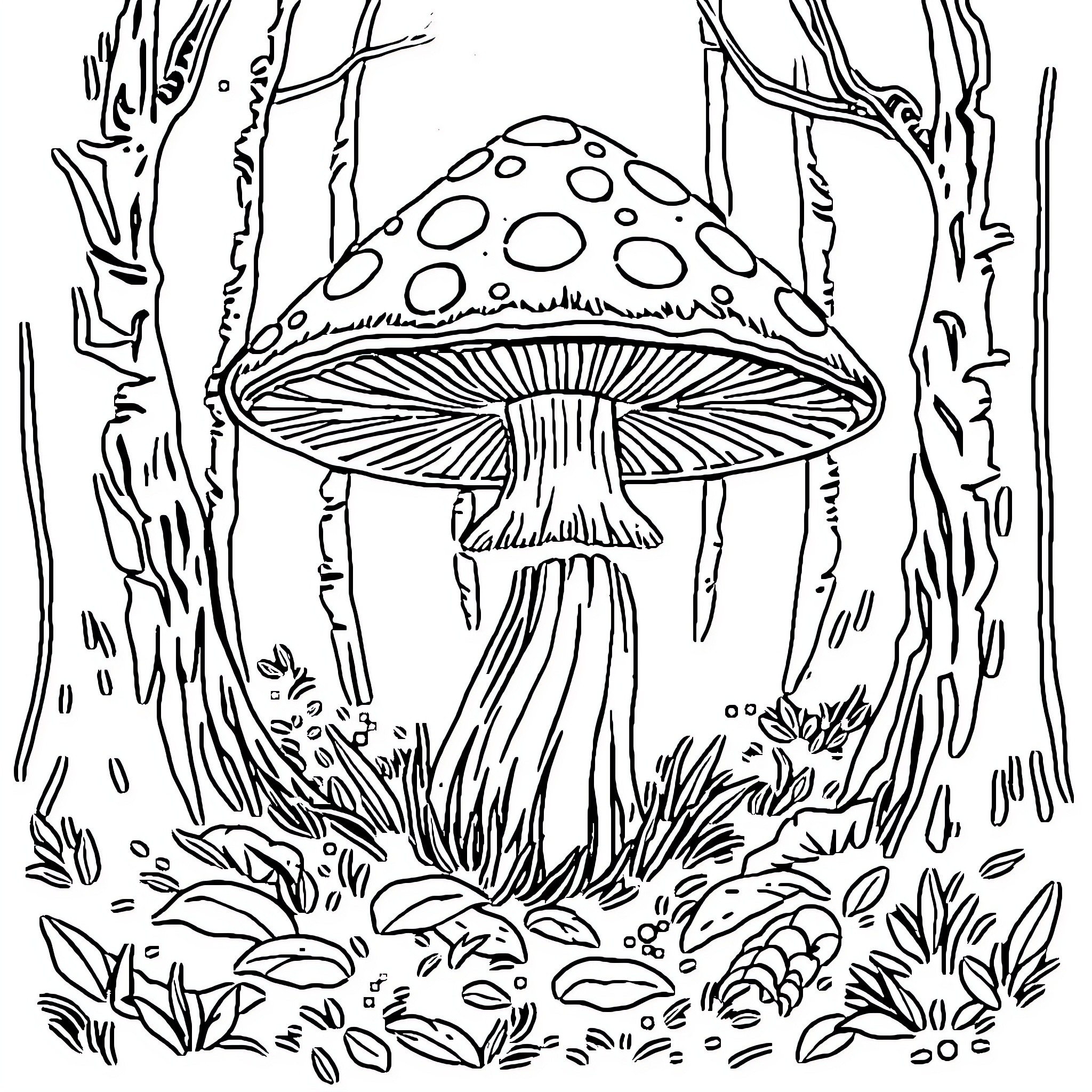 Mushroom growing in the forest Coloring Page (free black-and-white line drawing printable PDF for all, from beginners to advanced learners, including children, teens, adults, and seniors)