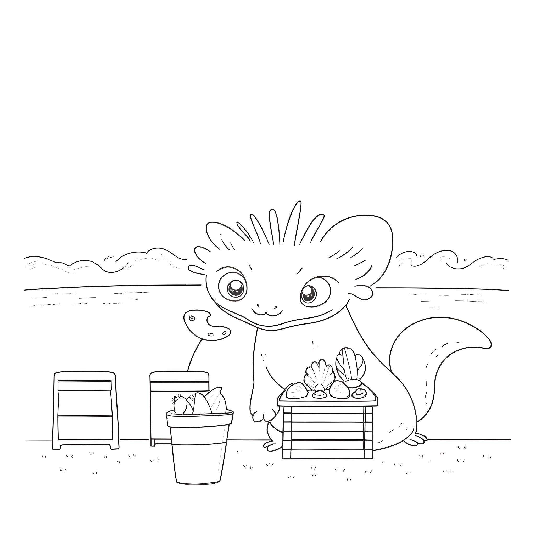 Axolotl Enjoying a Picnic in the Park Coloring Page (free black-and-white line drawing printable PDF for all, from beginners to advanced learners, including children, teens, adults, and seniors)