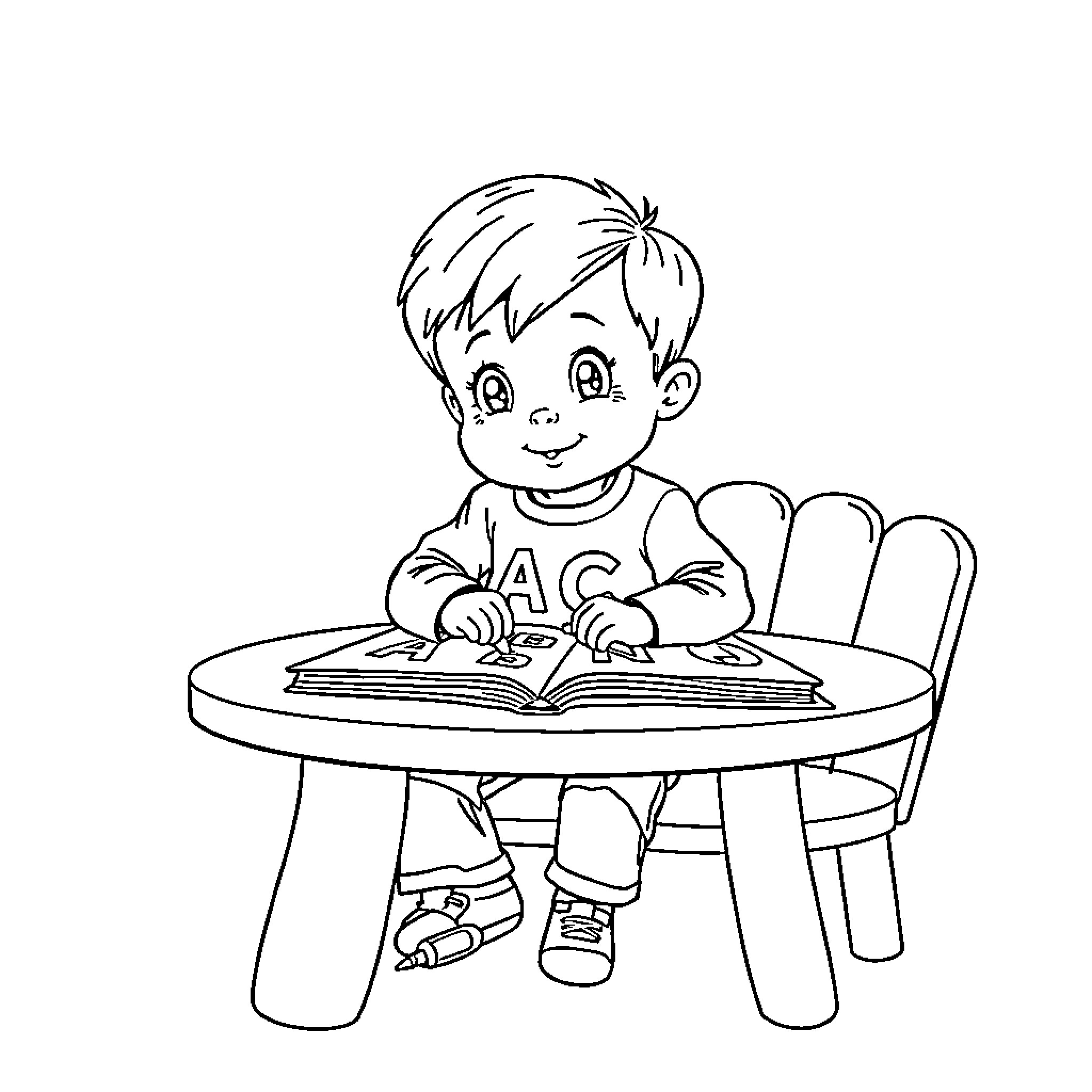Child happily reading book at table Coloring Page (free black-and-white line drawing printable PDF for all, from beginners to advanced learners, including children, teens, adults, and seniors)