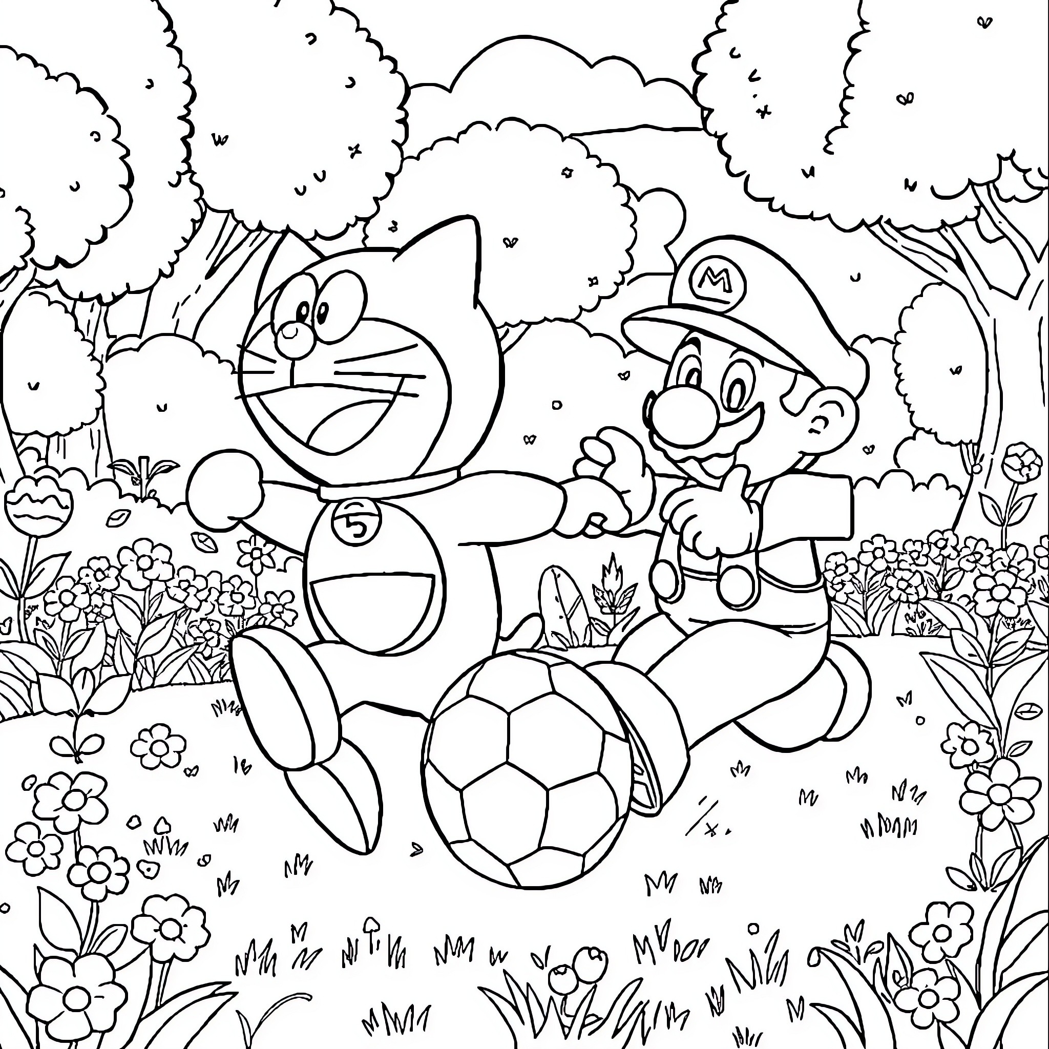 Doraemon and Mario playing soccer in a forest Coloring Page (free black-and-white line drawing printable PDF for all, from beginners to advanced learners, including children, teens, adults, and seniors)
