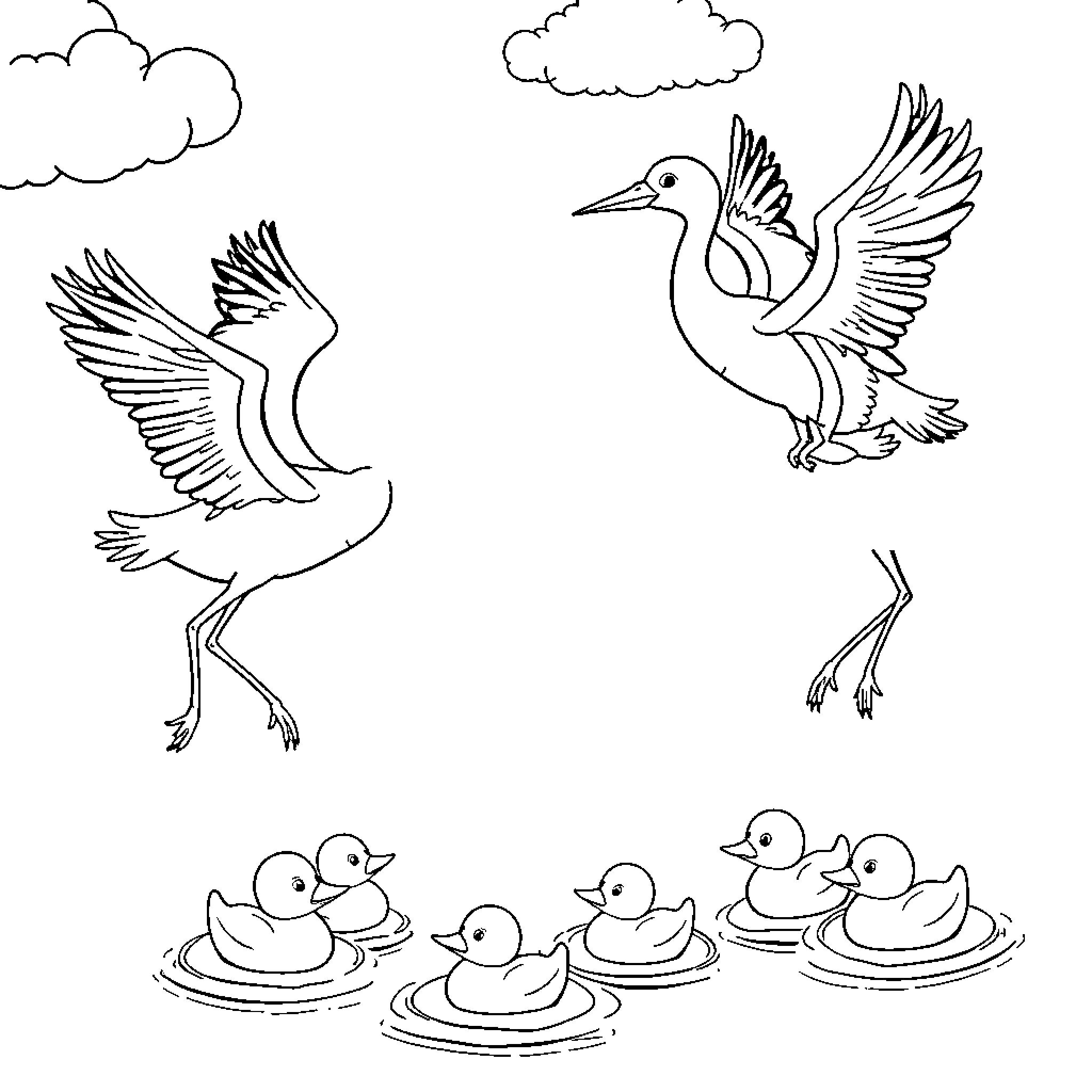 Rubber Duckies dancing and swimming in the clouds Coloring Page (free black-and-white line drawing printable PDF for all, from beginners to advanced learners, including children, teens, adults, and seniors)