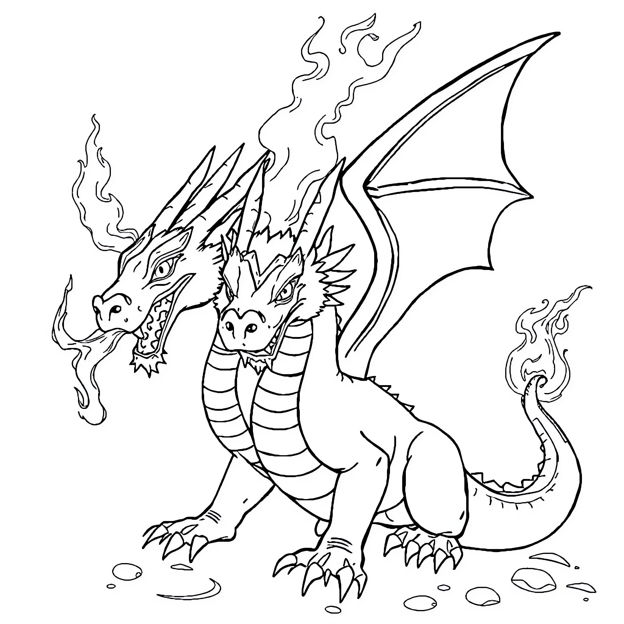 Dragon unleashing fiery breath in the wild Coloring Page (free black-and-white line drawing printable PDF for all, from beginners to advanced learners, including children, teens, adults, and seniors)