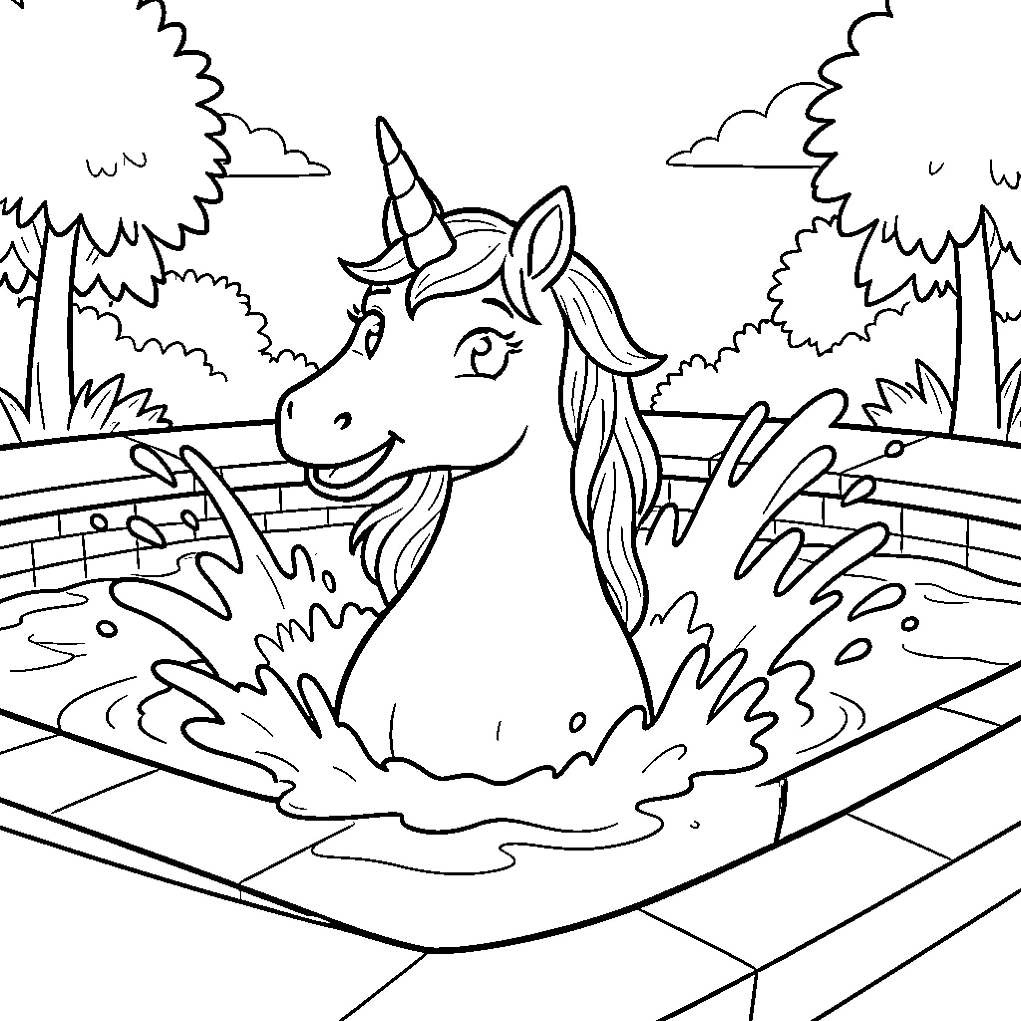 Unicorn splashing joyfully in a garden pool Coloring Page (free black-and-white line drawing printable PDF for all, from beginners to advanced learners, including children, teens, adults, and seniors)