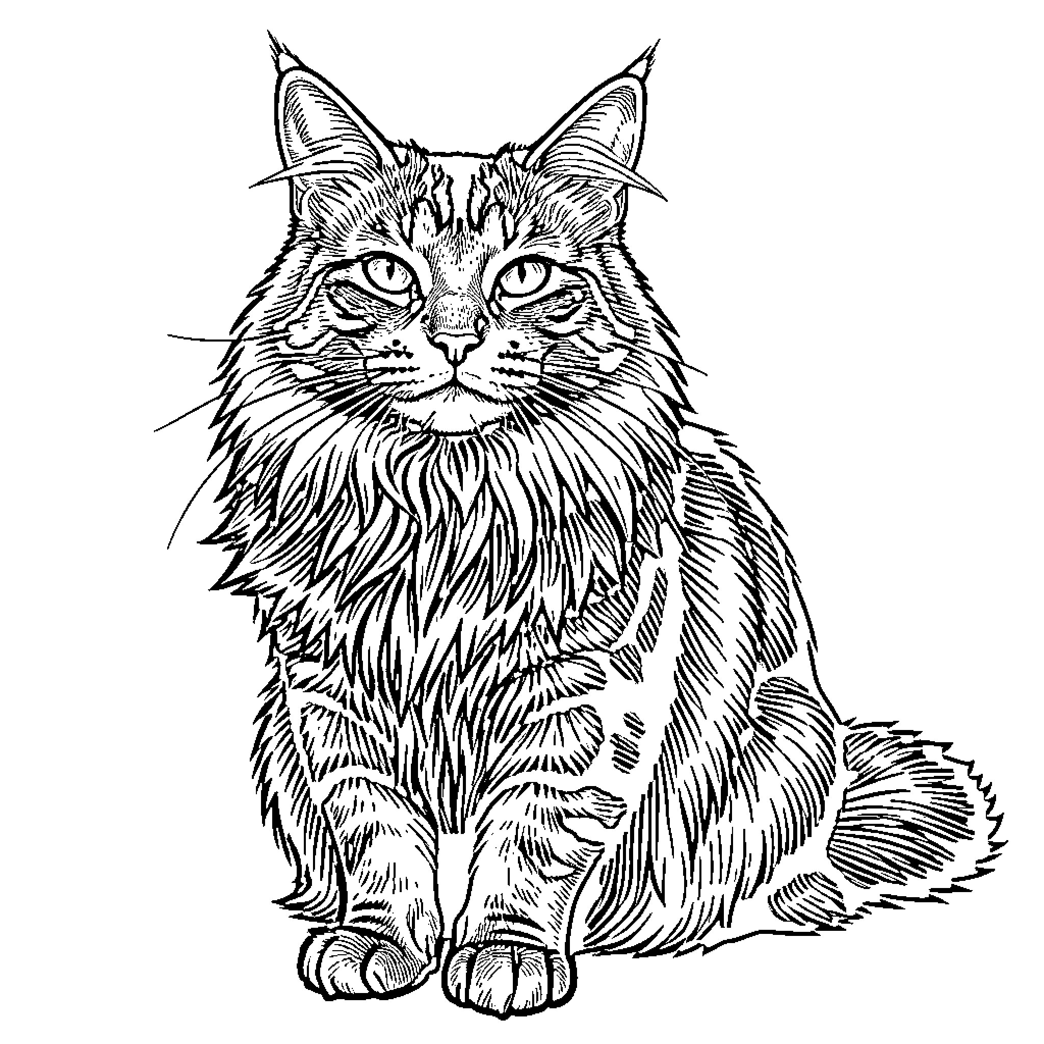 Maine Coon sitting calmly and looking forward Coloring Page (free black-and-white line drawing printable PDF for all, from beginners to advanced learners, including children, teens, adults, and seniors)