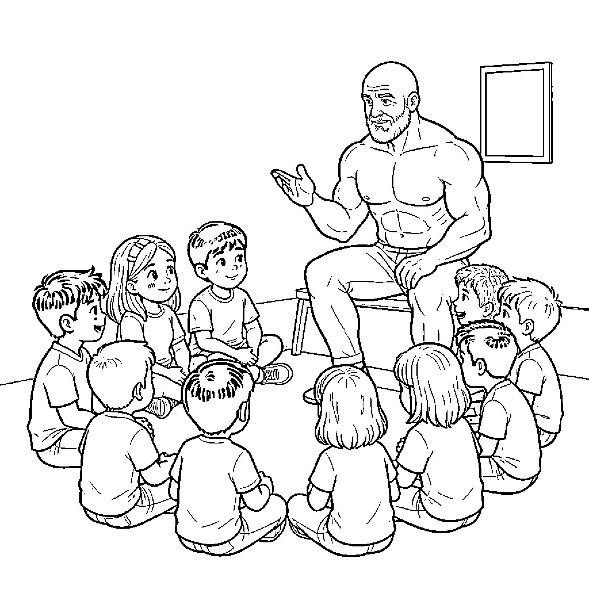 Niño teaches children in a group session Coloring Page (free black-and-white line drawing printable PDF for all, from beginners to advanced learners, including children, teens, adults, and seniors)