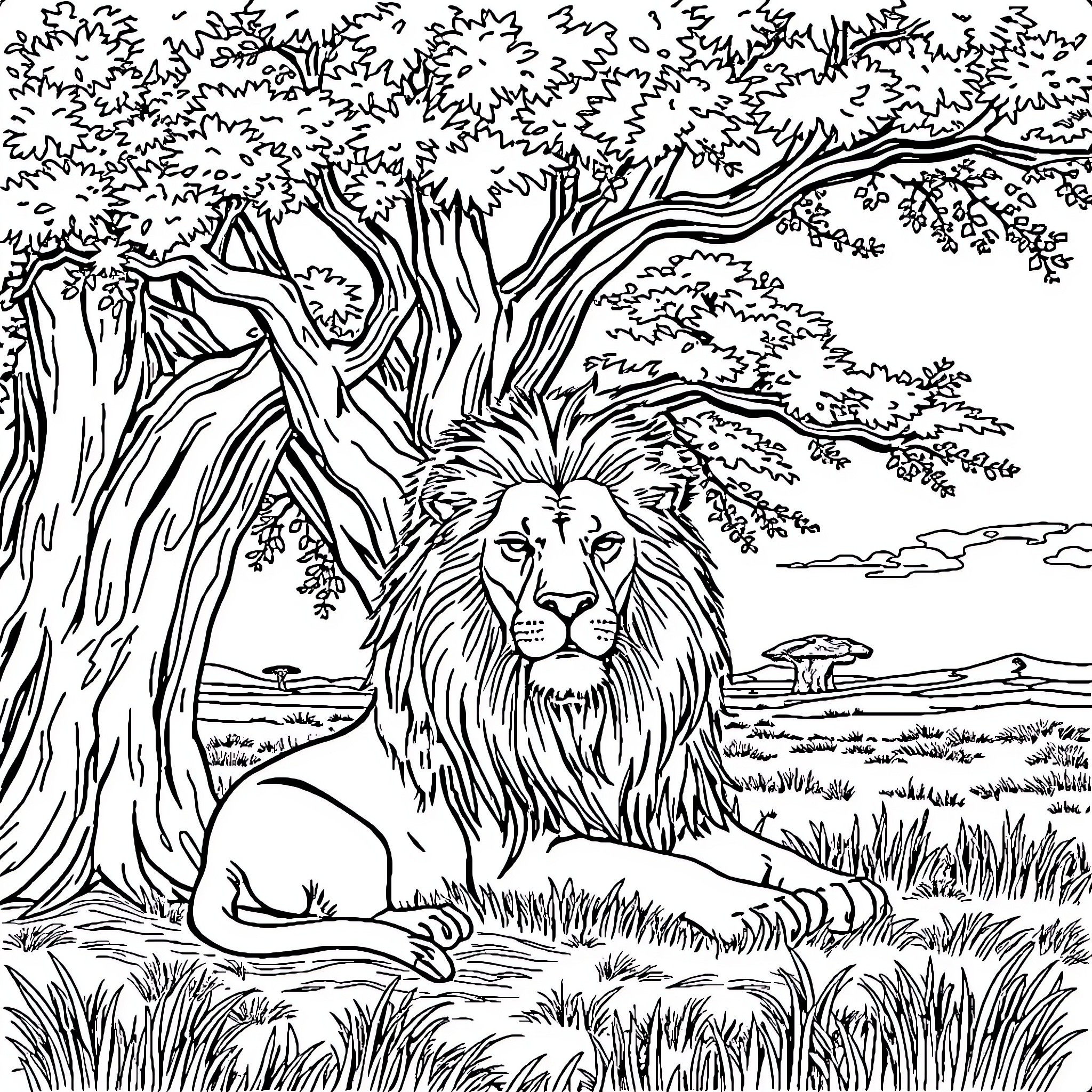 Lion resting in the serene wilderness Coloring Page (free black-and-white line drawing printable PDF for all, from beginners to advanced learners, including children, teens, adults, and seniors)