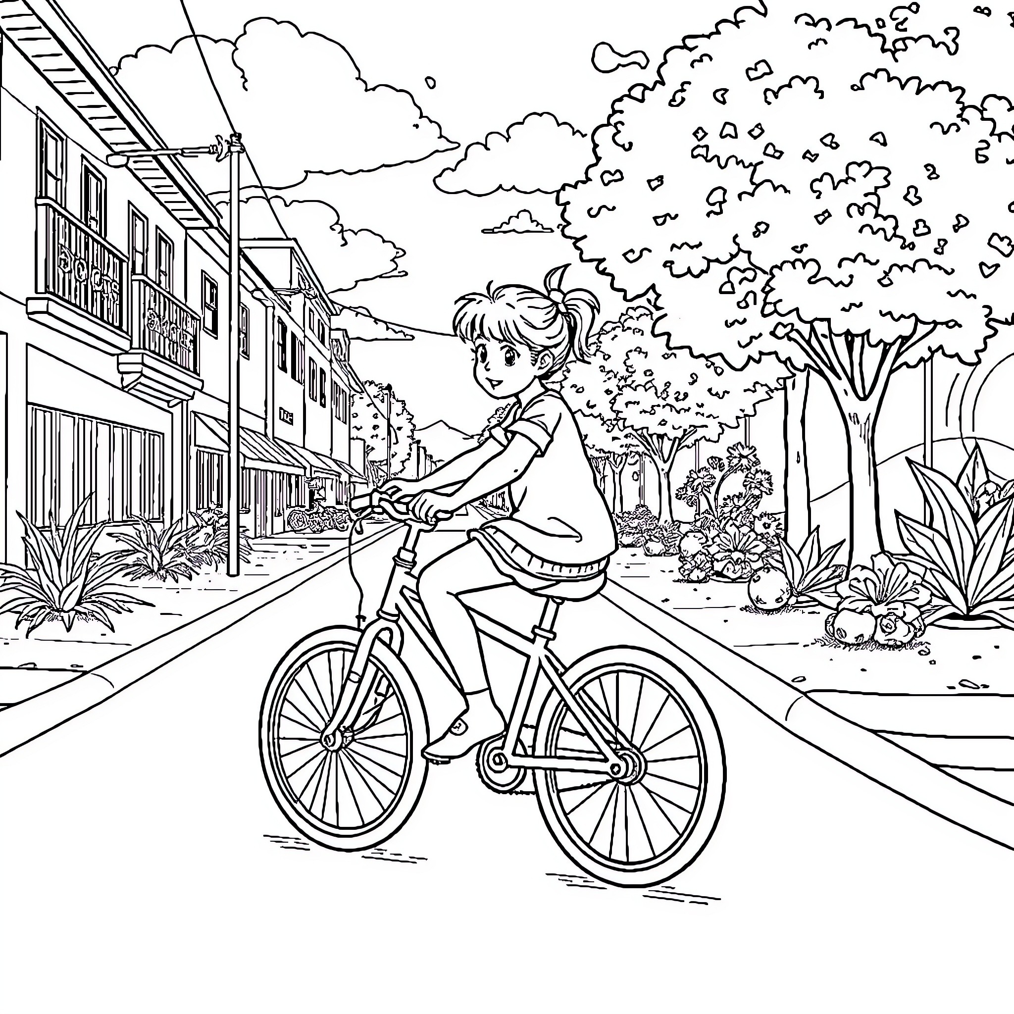 Girl riding bicycle through town Coloring Page (free black-and-white line drawing printable PDF for all, from beginners to advanced learners, including children, teens, adults, and seniors)