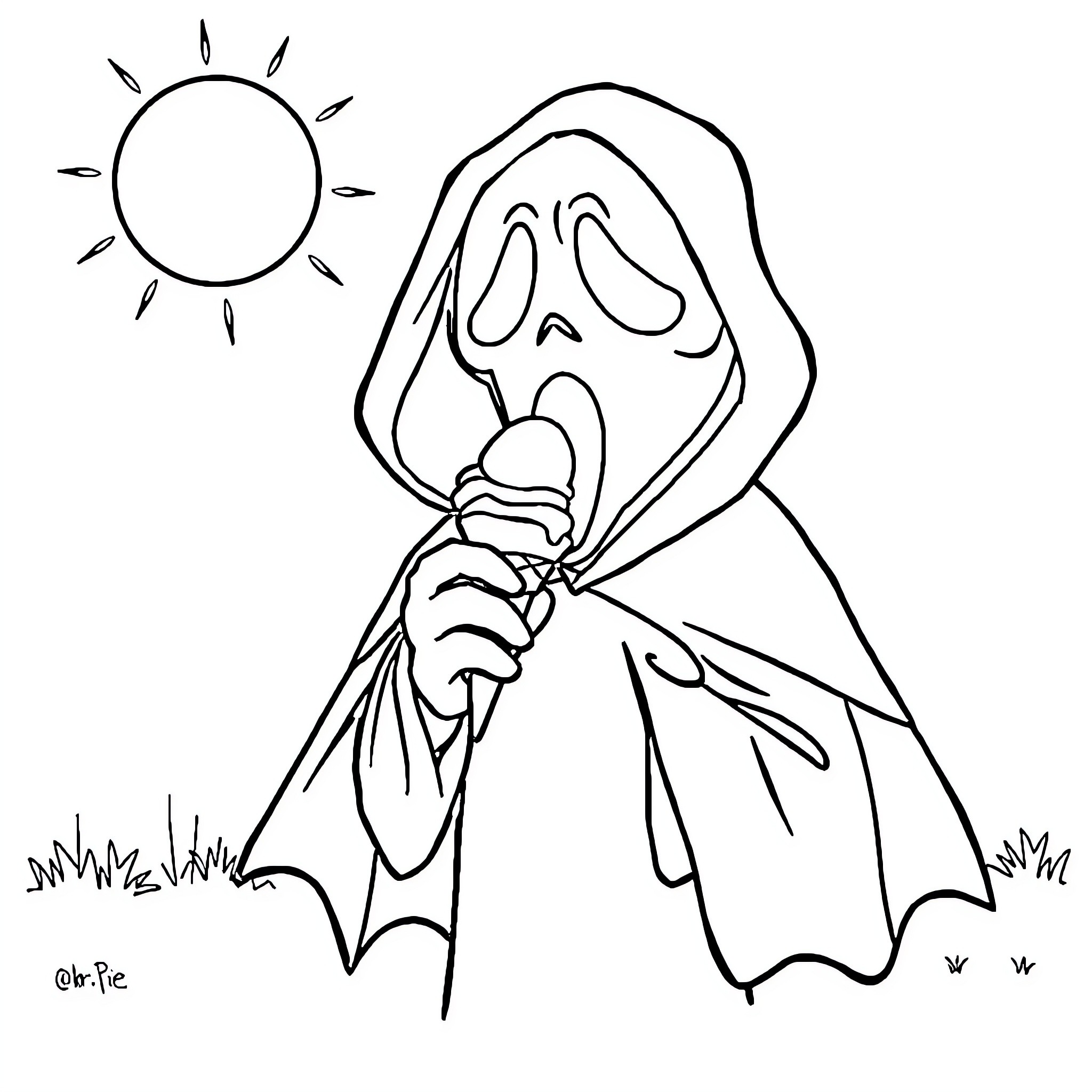 Scream of the hooded figure under the sun Coloring Page (free black-and-white line drawing printable PDF for all, from beginners to advanced learners, including children, teens, adults, and seniors)