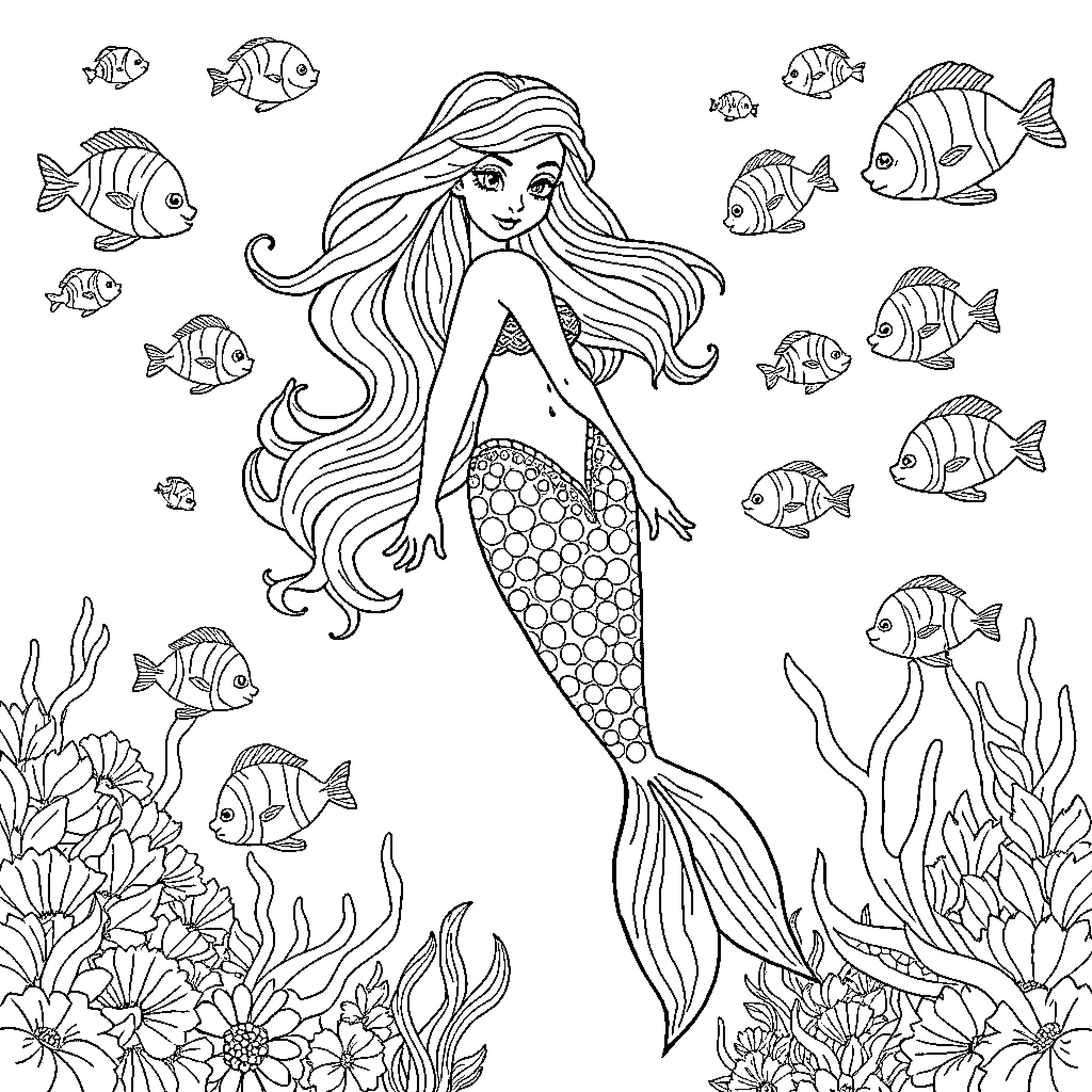 Mermaid swimming gracefully among tropical fish Coloring Page (free black-and-white line drawing printable PDF for all, from beginners to advanced learners, including children, teens, adults, and seniors)