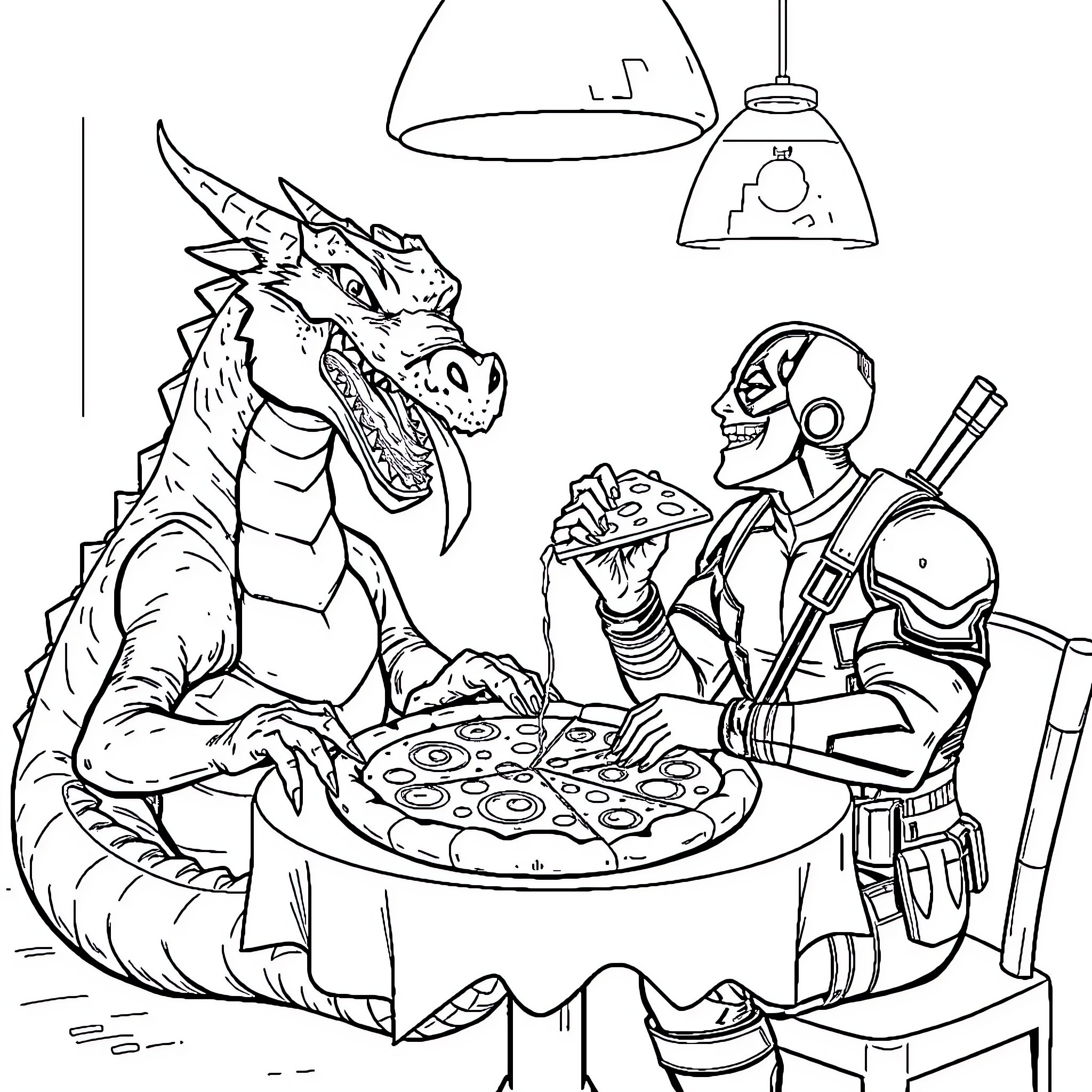 Dragon and Robot Enjoying Pizza Dinner Coloring Page (free black-and-white line drawing printable PDF for all, from beginners to advanced learners, including children, teens, adults, and seniors)
