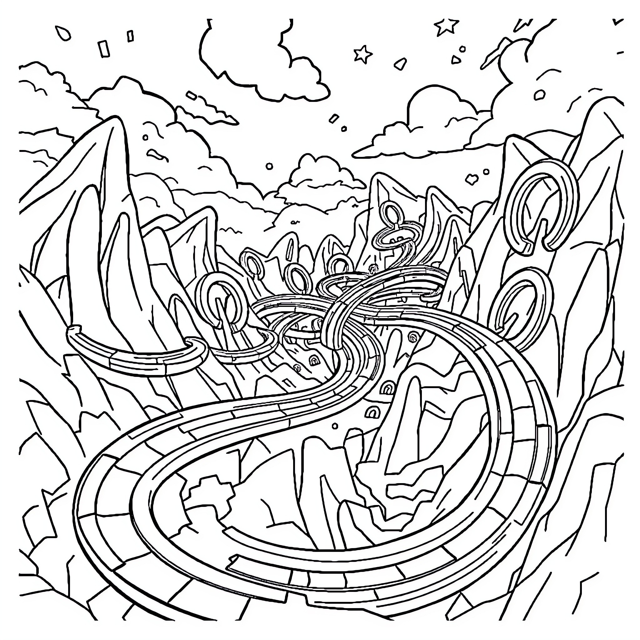 Sonic's Surreal Journey Through an Otherworldly Landscape Coloring Page (free black-and-white line drawing printable PDF for all, from beginners to advanced learners, including children, teens, adults, and seniors)