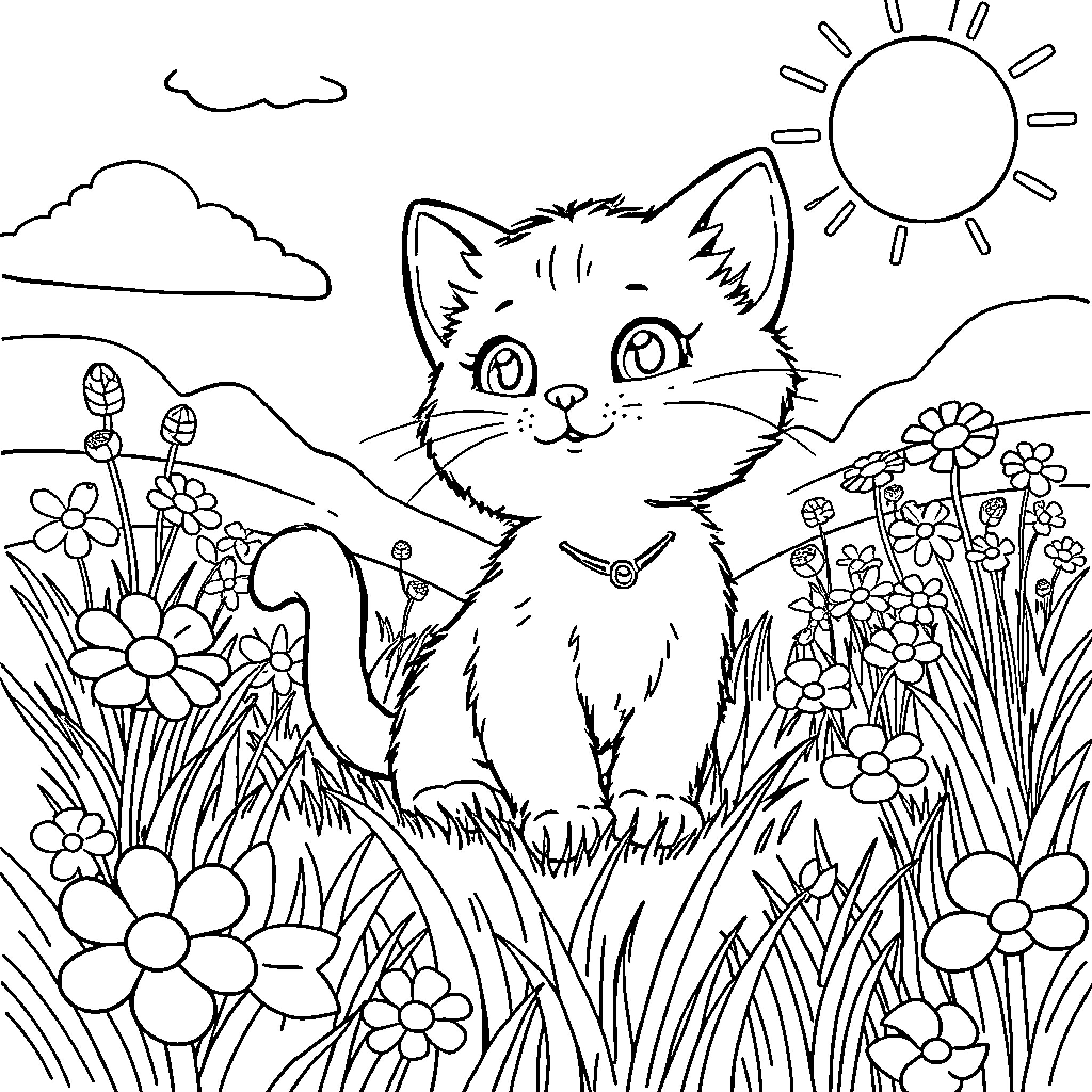 Kitty exploring a blooming garden Coloring Page (free black-and-white line drawing printable PDF for all, from beginners to advanced learners, including children, teens, adults, and seniors)