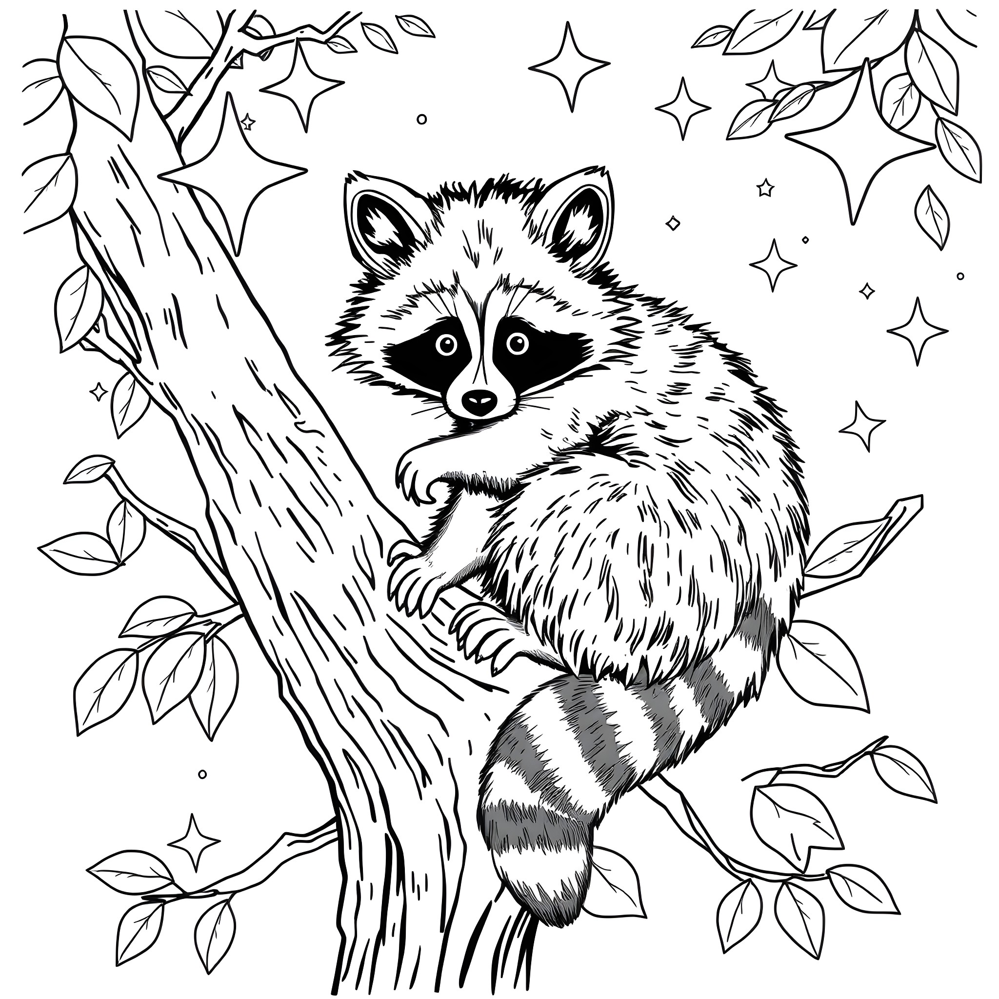 Raccoon climbing on a tree branch Coloring Page (free black-and-white line drawing printable PDF for all, from beginners to advanced learners, including children, teens, adults, and seniors)