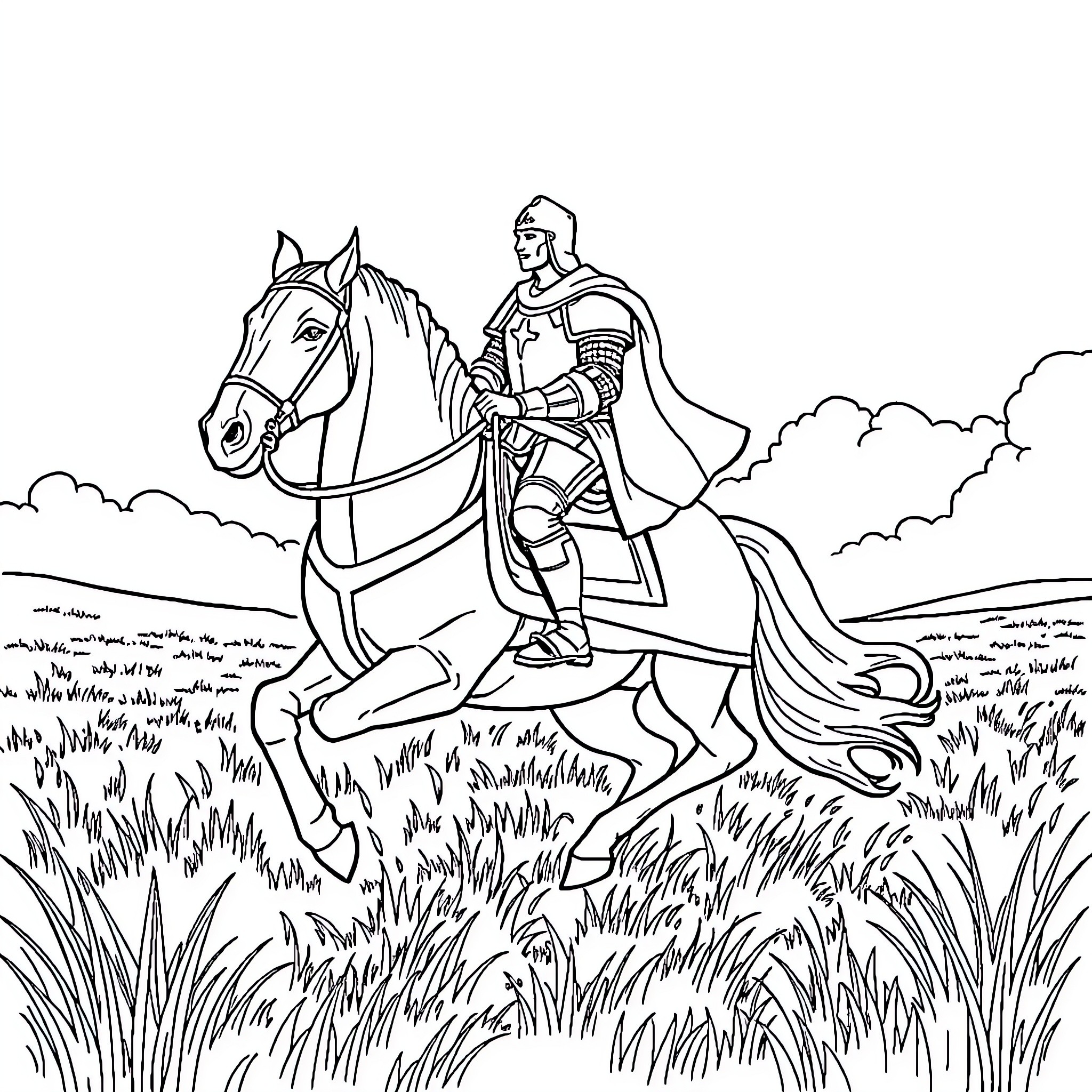 Knight riding a horse in a grassy field Coloring Page (free black-and-white line drawing printable PDF for all, from beginners to advanced learners, including children, teens, adults, and seniors)