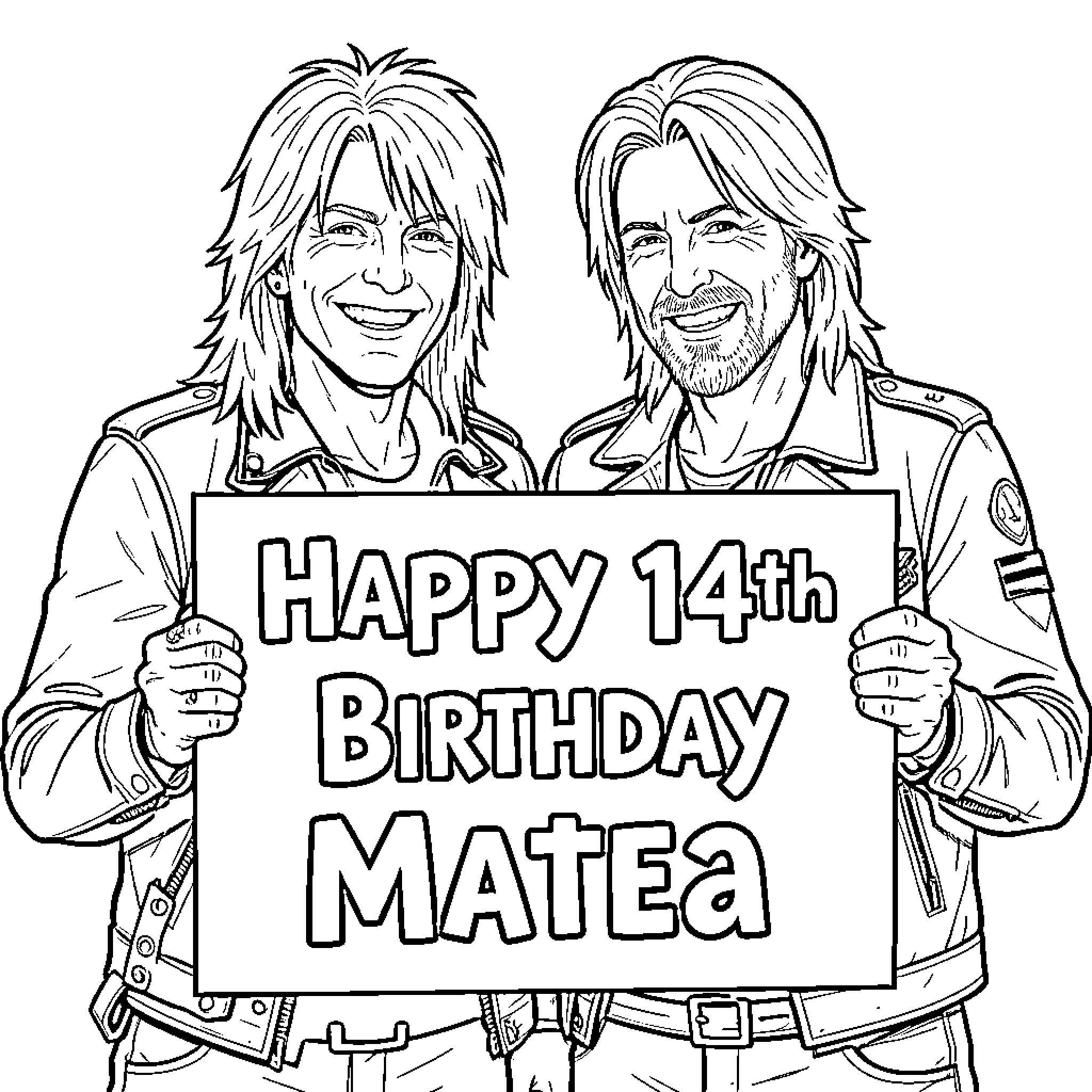 Kirk Hammett and friend celebrate Matea's 14th birthday Coloring Page (free black-and-white line drawing printable PDF for all, from beginners to advanced learners, including children, teens, adults, and seniors)