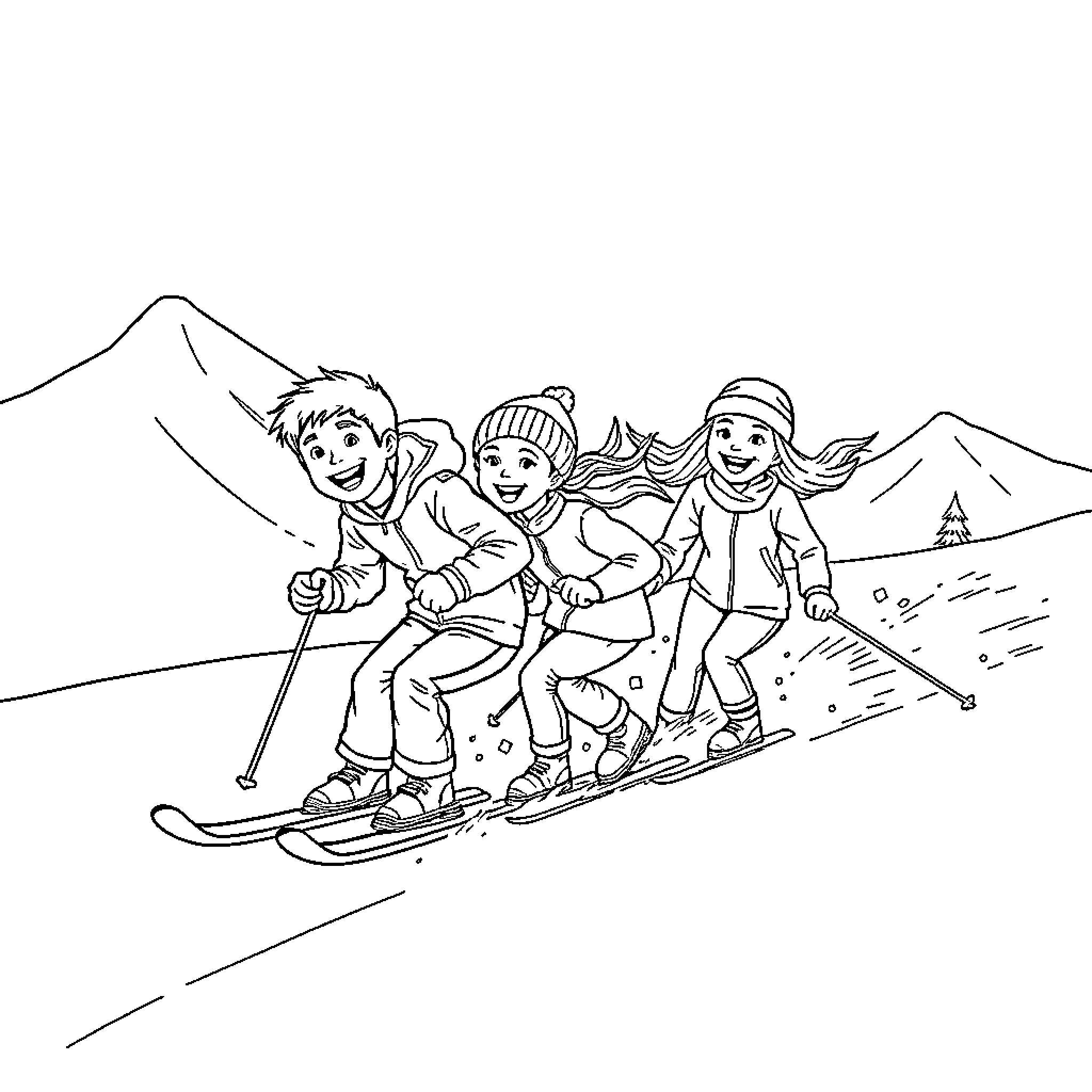 Kid skiing happily with friends in the mountains Coloring Page (free black-and-white line drawing printable PDF for all, from beginners to advanced learners, including children, teens, adults, and seniors)
