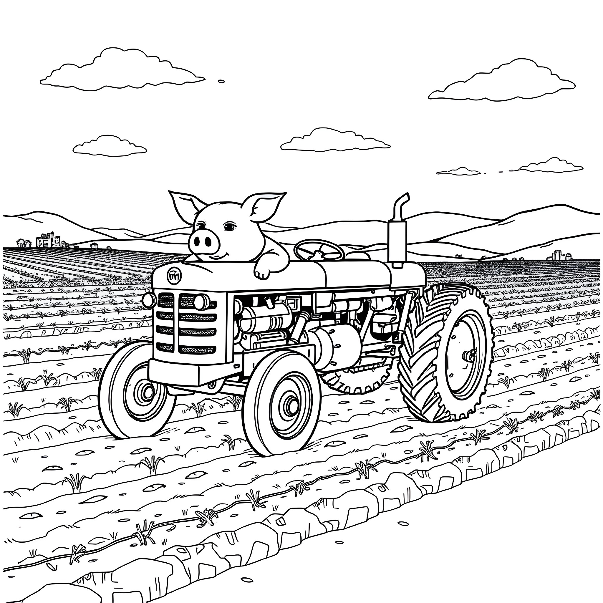 Pig driving a tractor through the countryside Coloring Page (free black-and-white line drawing printable PDF for all, from beginners to advanced learners, including children, teens, adults, and seniors)