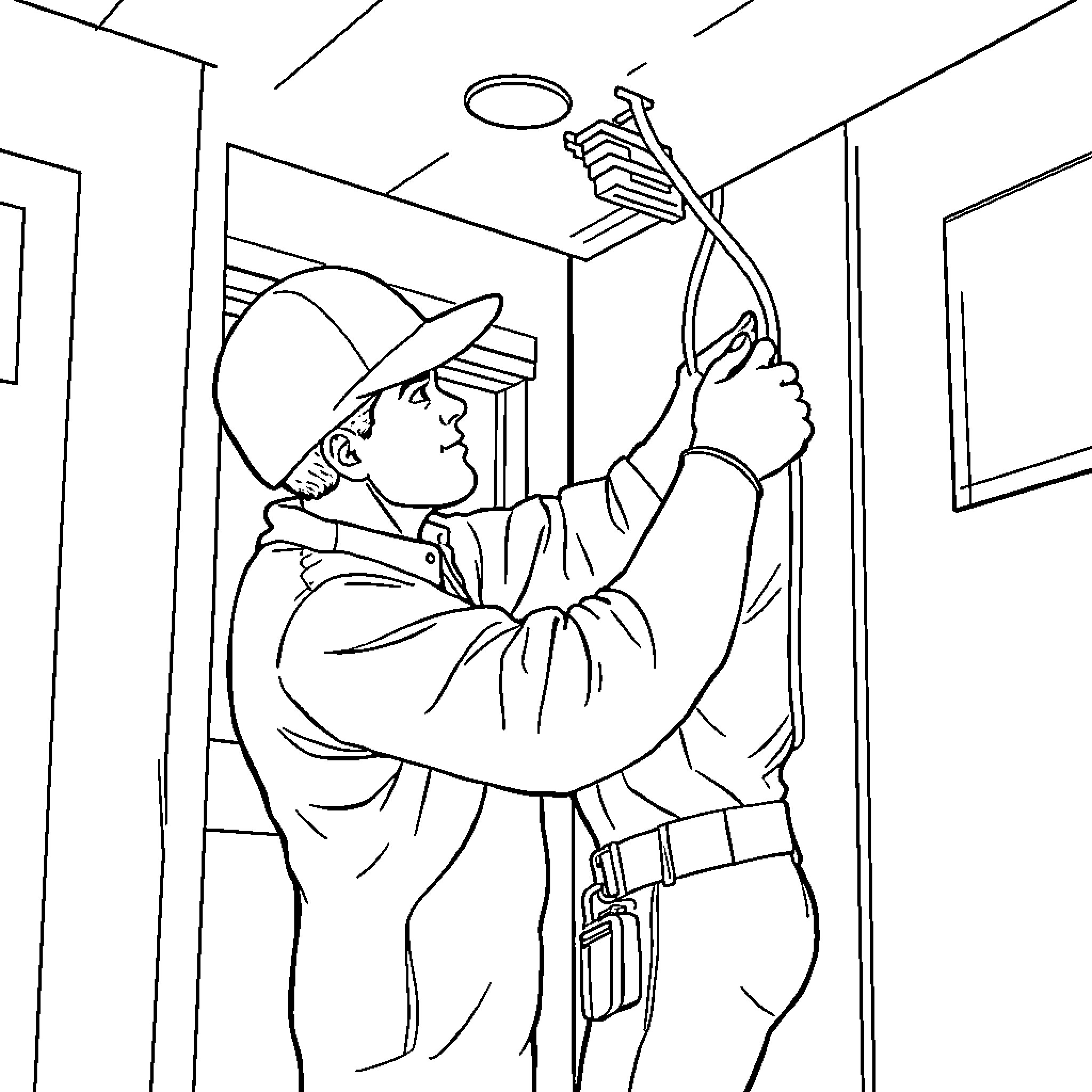 Electrician inspecting and repairing electrical system Coloring Page (free black-and-white line drawing printable PDF for all, from beginners to advanced learners, including children, teens, adults, and seniors)