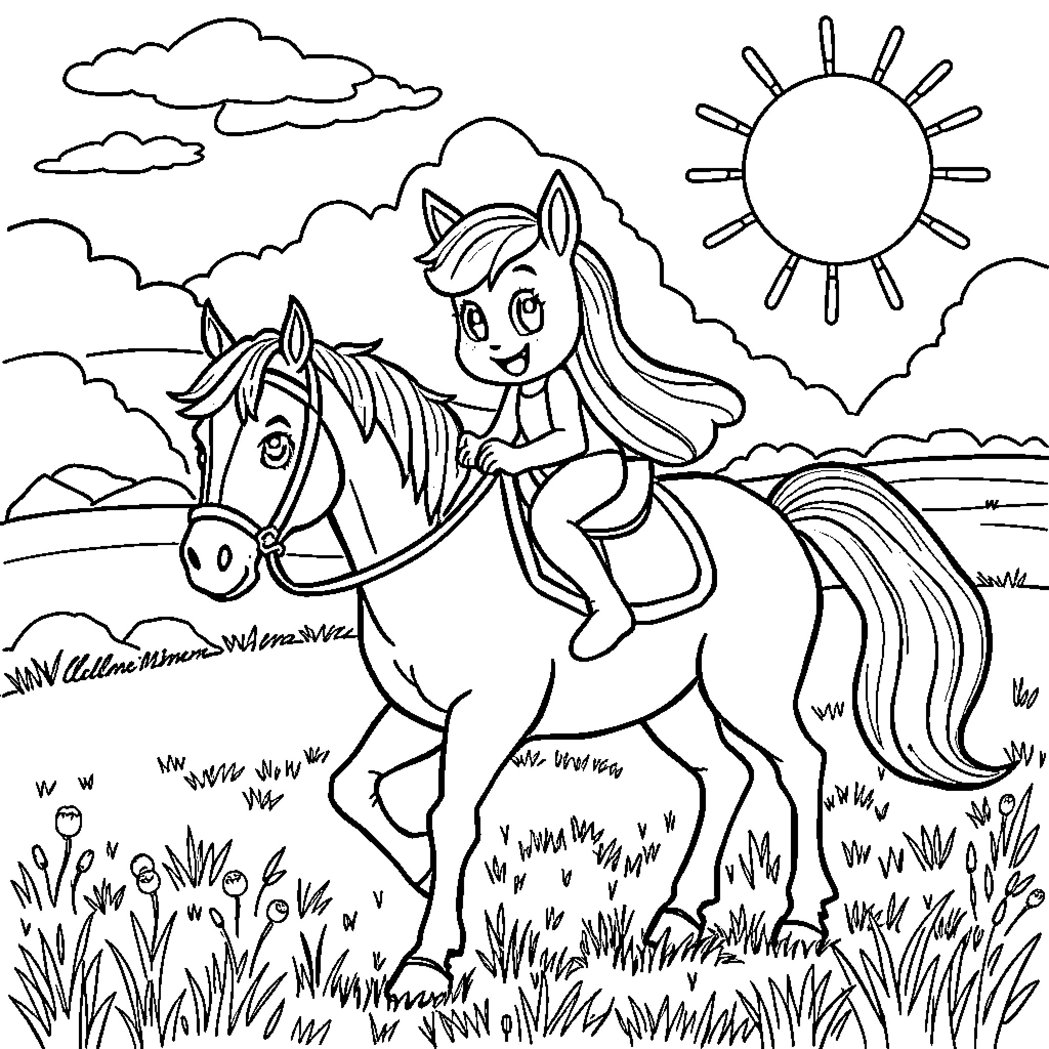 Bluey Riding Her Horse Through the Countryside Coloring Page (free black-and-white line drawing printable PDF for all, from beginners to advanced learners, including children, teens, adults, and seniors)