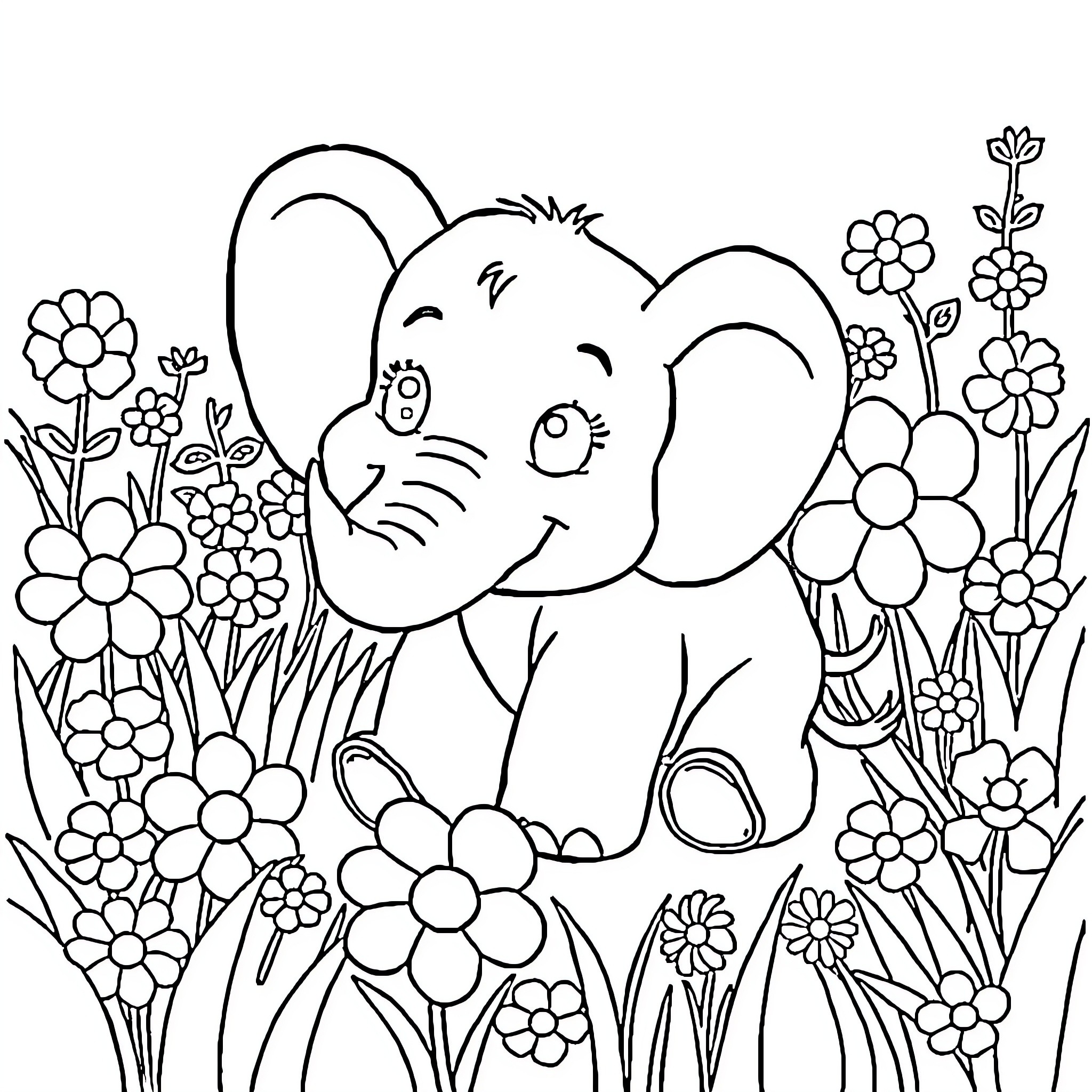 Elephant playing joyfully in a floral garden Coloring Page (free black-and-white line drawing printable PDF for all, from beginners to advanced learners, including children, teens, adults, and seniors)