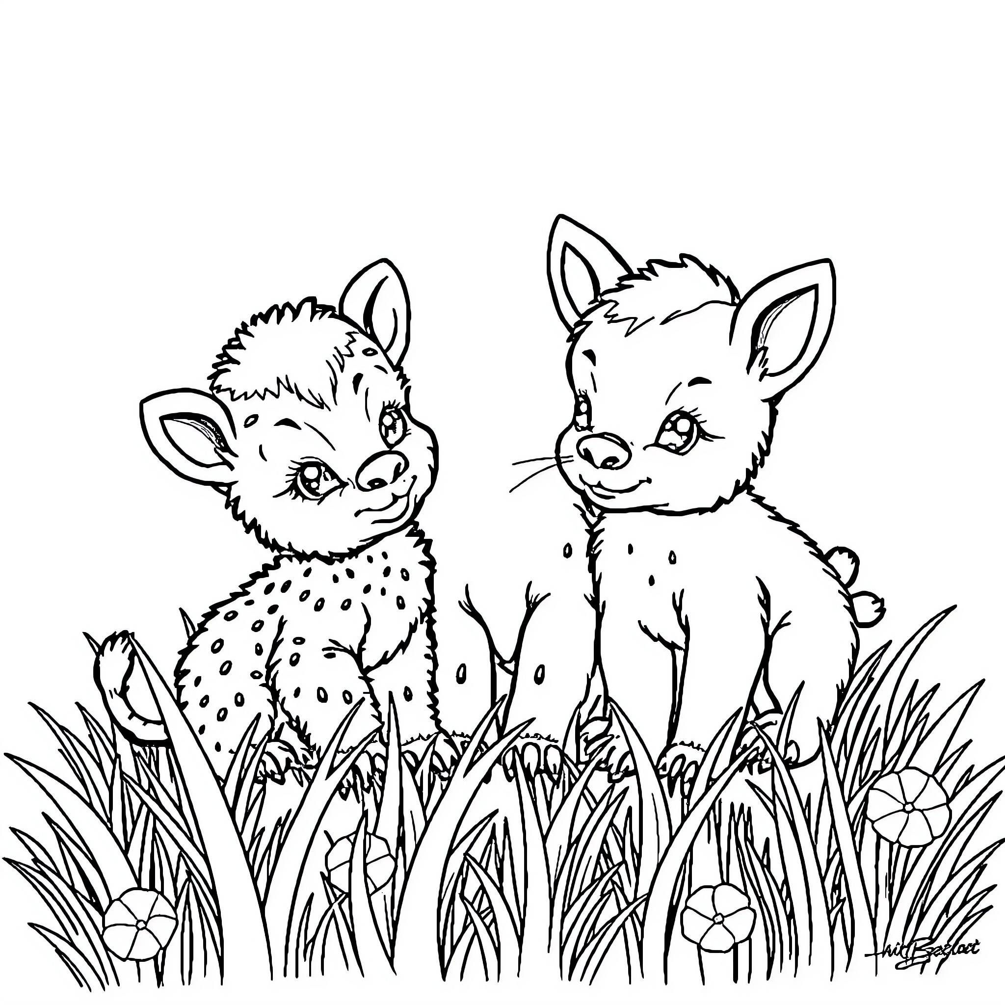 Baby Animals playing in the grass Coloring Page (free black-and-white line drawing printable PDF for all, from beginners to advanced learners, including children, teens, adults, and seniors)