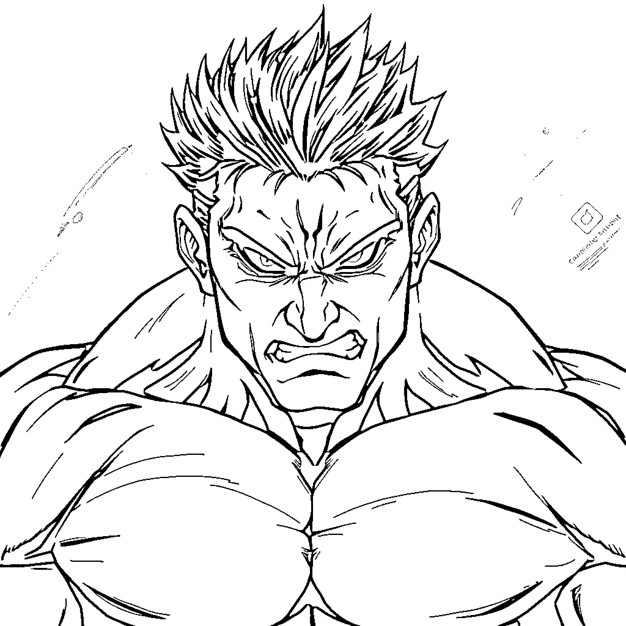 Yujiro Hamma's intense angry expression Coloring Page (free black-and-white line drawing printable PDF for all, from beginners to advanced learners, including children, teens, adults, and seniors)