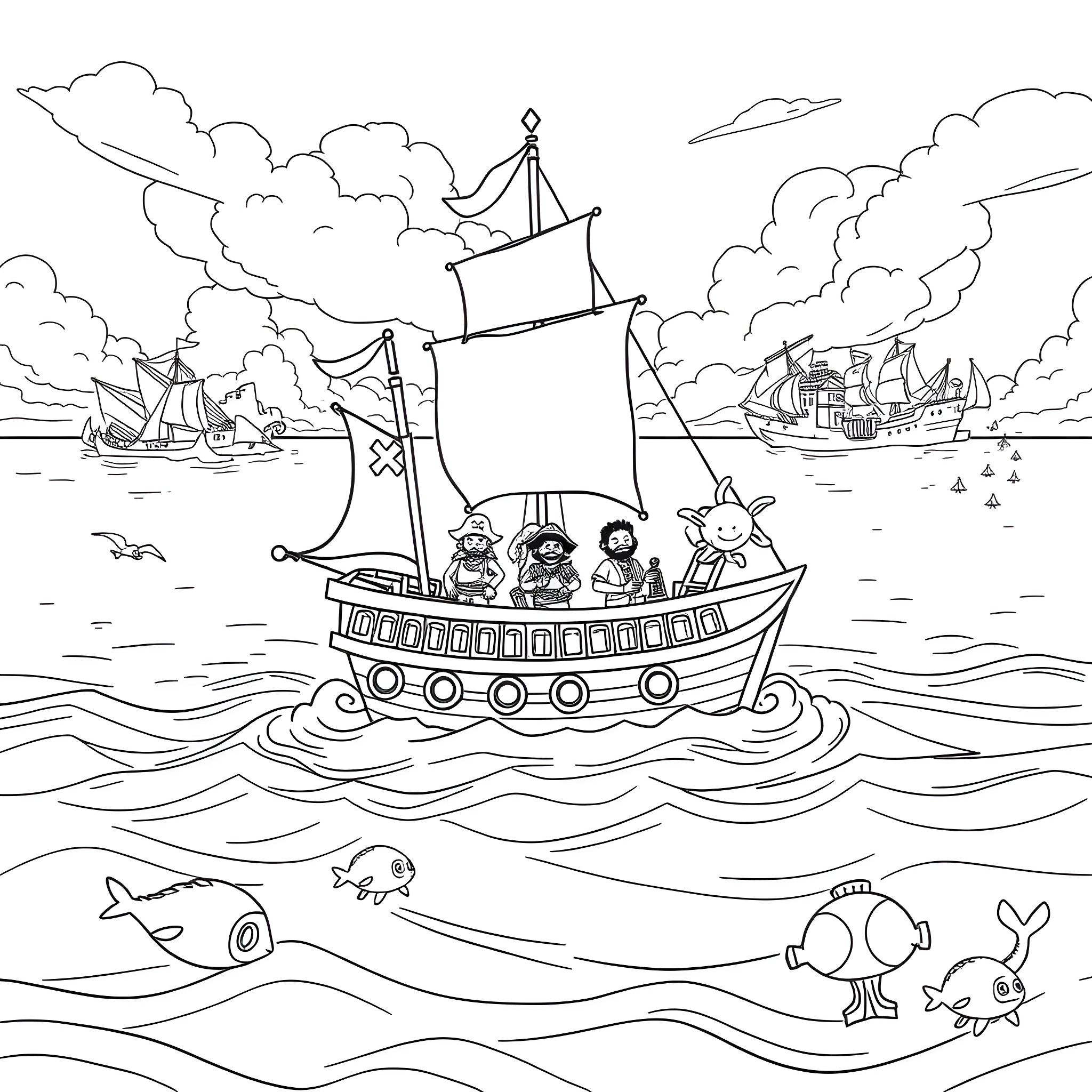 One Piece Pirate Ship Adventure on the High Seas Coloring Page (free black-and-white line drawing printable PDF for all, from beginners to advanced learners, including children, teens, adults, and seniors)