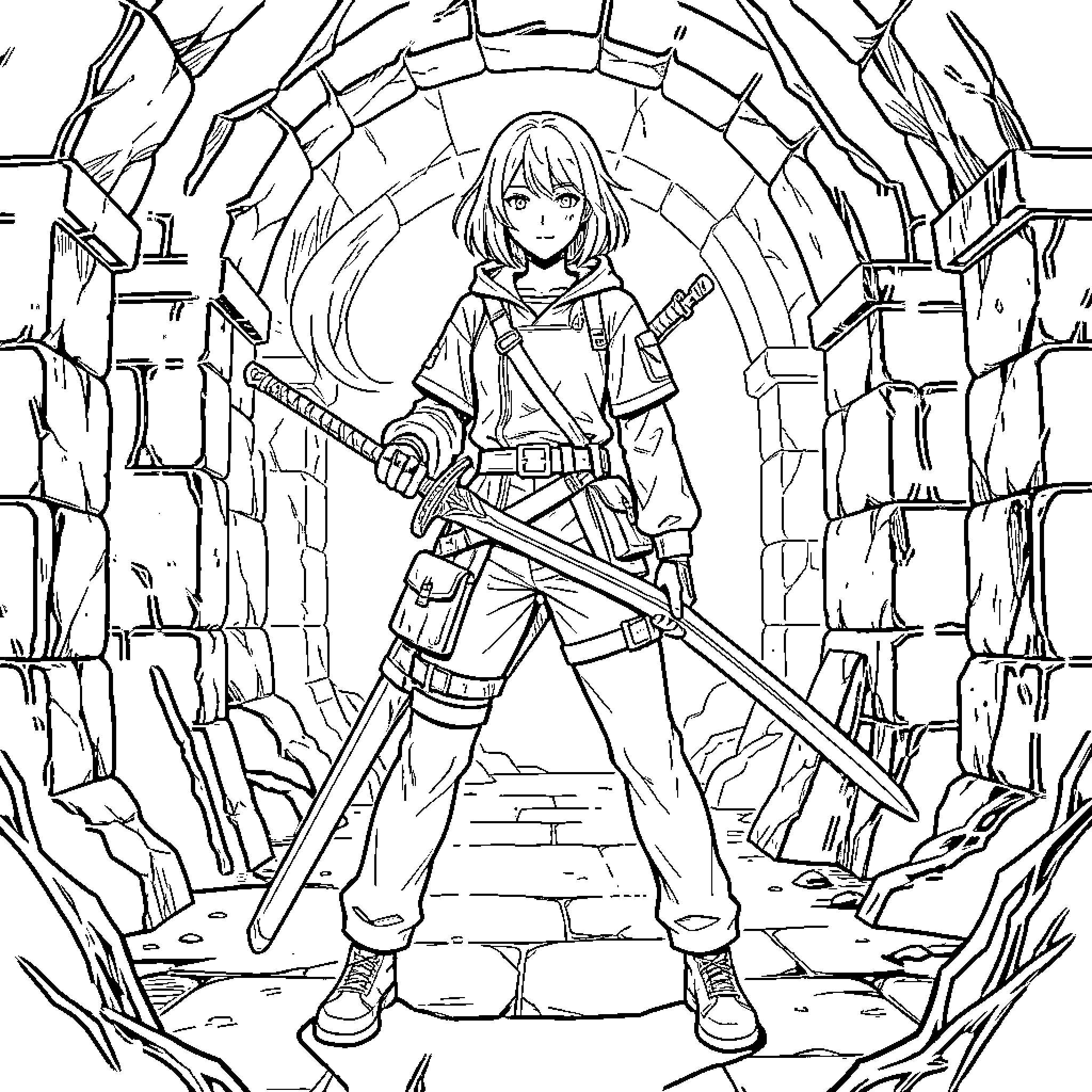 Cha Hae In, the Adventurous Warrior in a Mystical Cave Coloring Page (free black-and-white line drawing printable PDF for all, from beginners to advanced learners, including children, teens, adults, and seniors)