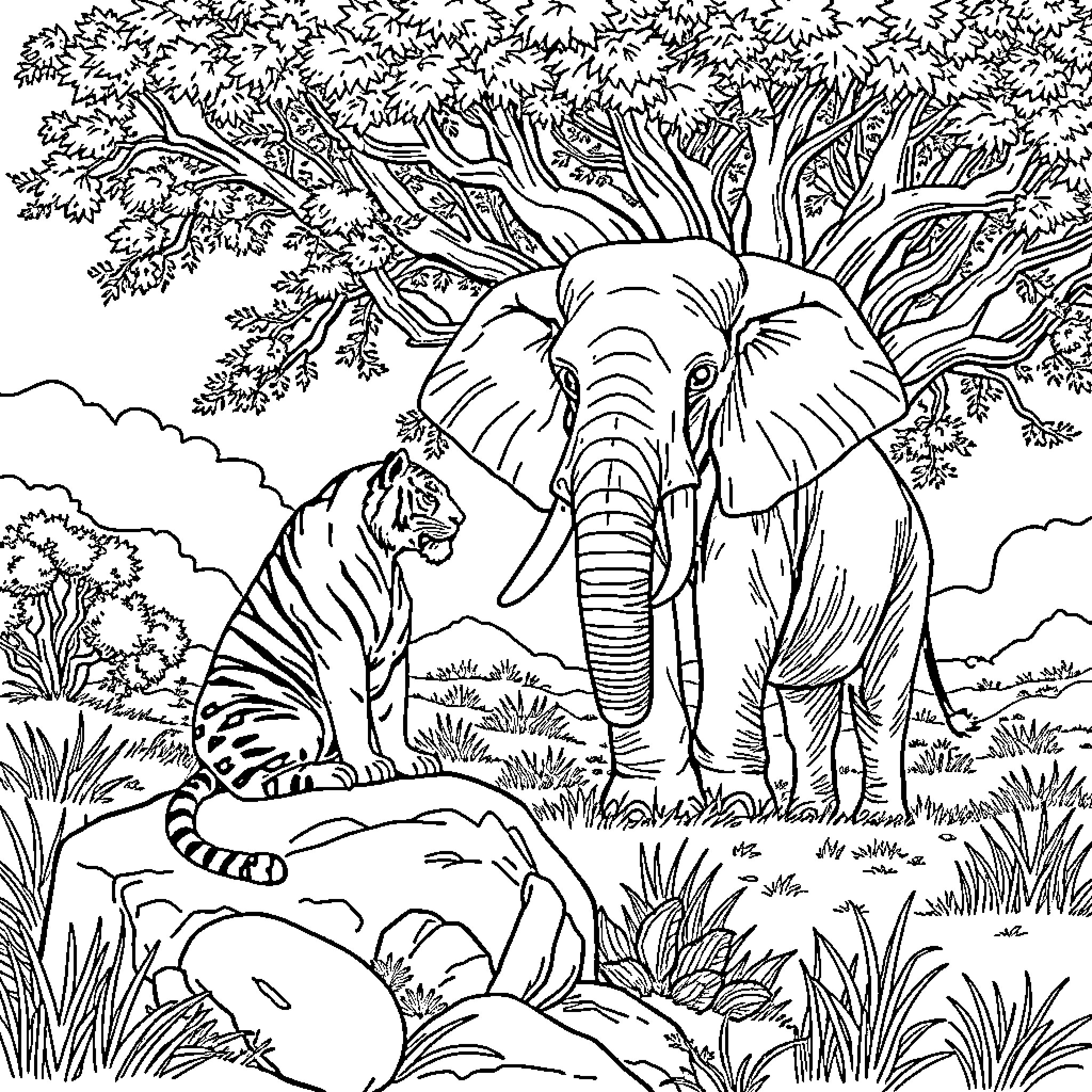 Tiger and Elephant Coexisting in Lush Jungle Landscape Coloring Page (free black-and-white line drawing printable PDF for all, from beginners to advanced learners, including children, teens, adults, and seniors)