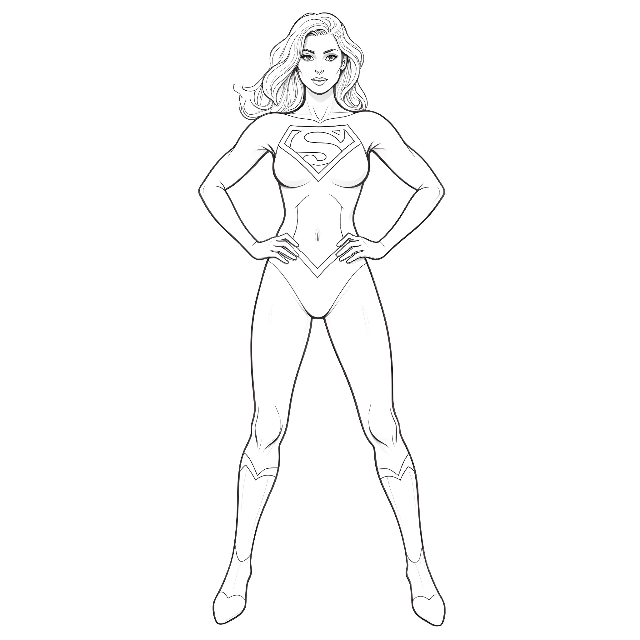 Supergirl in heroic pose Coloring Page (free black-and-white line drawing printable PDF for all, from beginners to advanced learners, including children, teens, adults, and seniors)