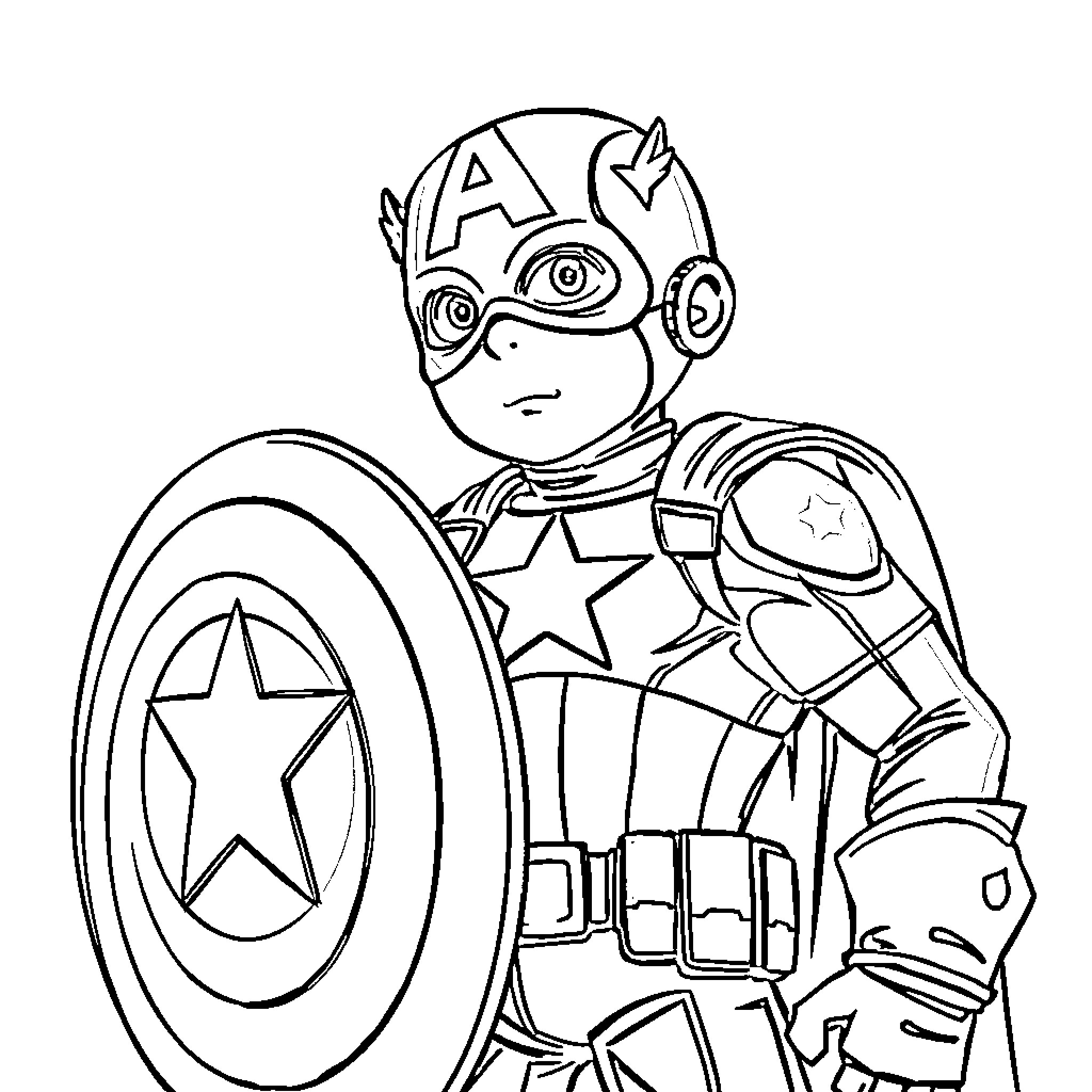 Bluey as Captain America ready for action Coloring Page (free black-and-white line drawing printable PDF for all, from beginners to advanced learners, including children, teens, adults, and seniors)