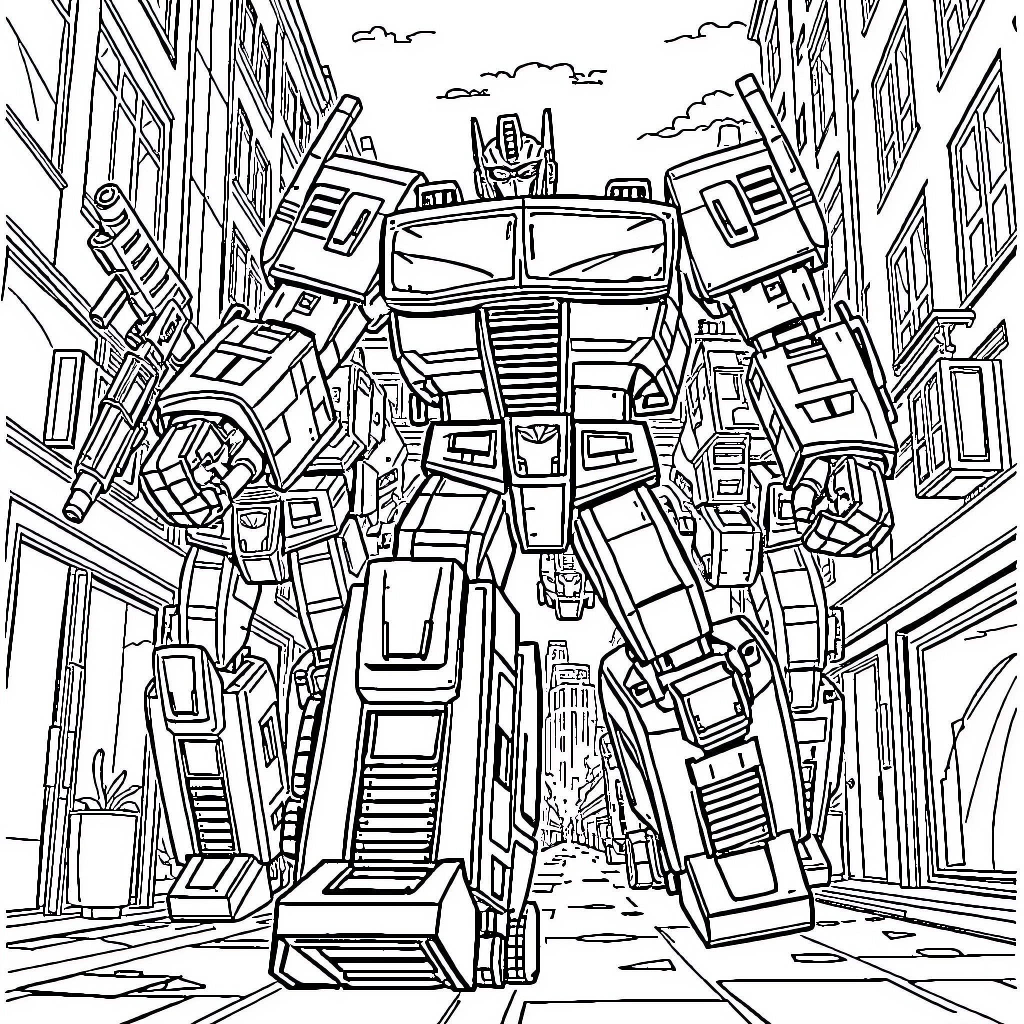 Transformers battle in the urban cityscape Coloring Page (free black-and-white line drawing printable PDF for all, from beginners to advanced learners, including children, teens, adults, and seniors)