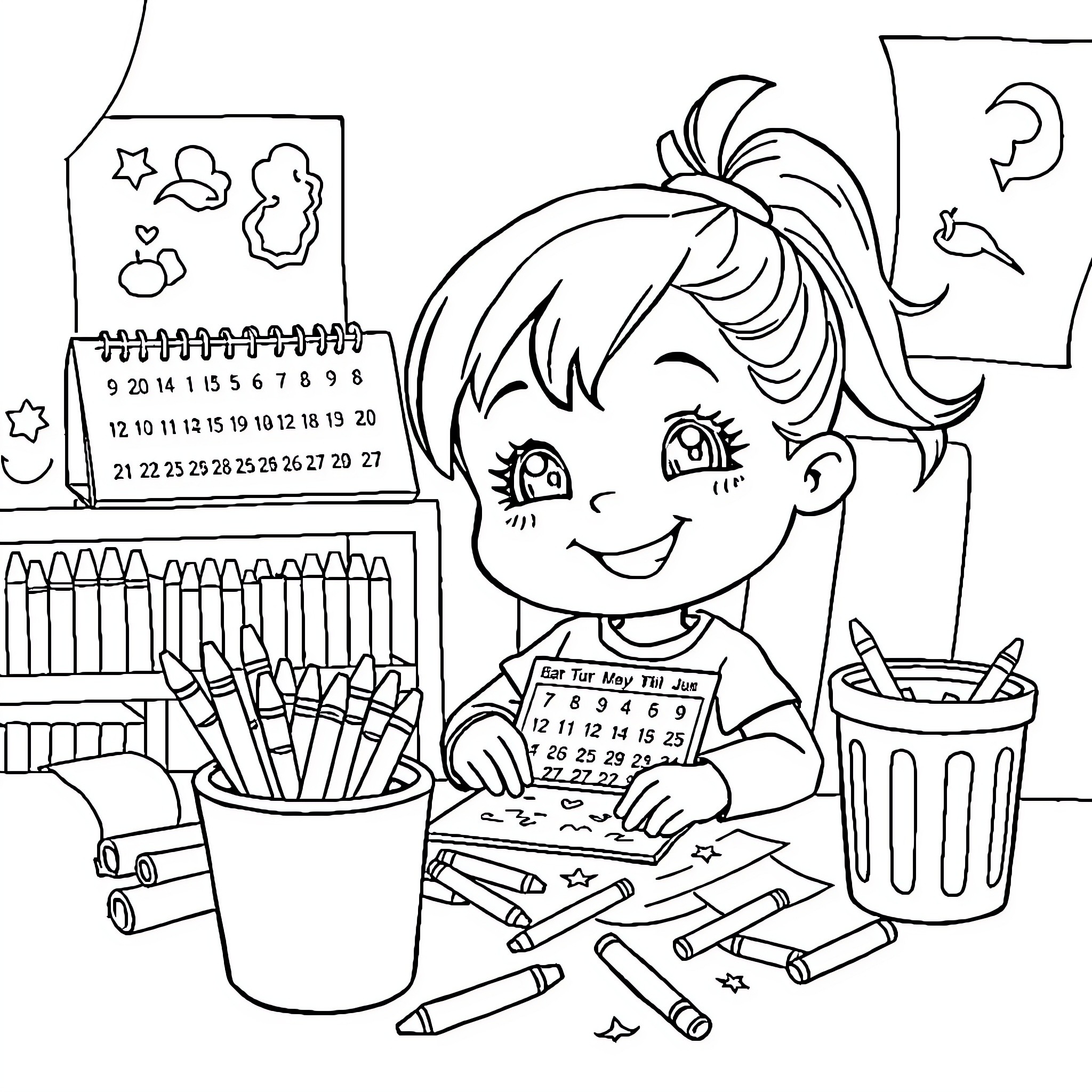 Calendar of a cheerful child's school supplies Coloring Page (free black-and-white line drawing printable PDF for all, from beginners to advanced learners, including children, teens, adults, and seniors)