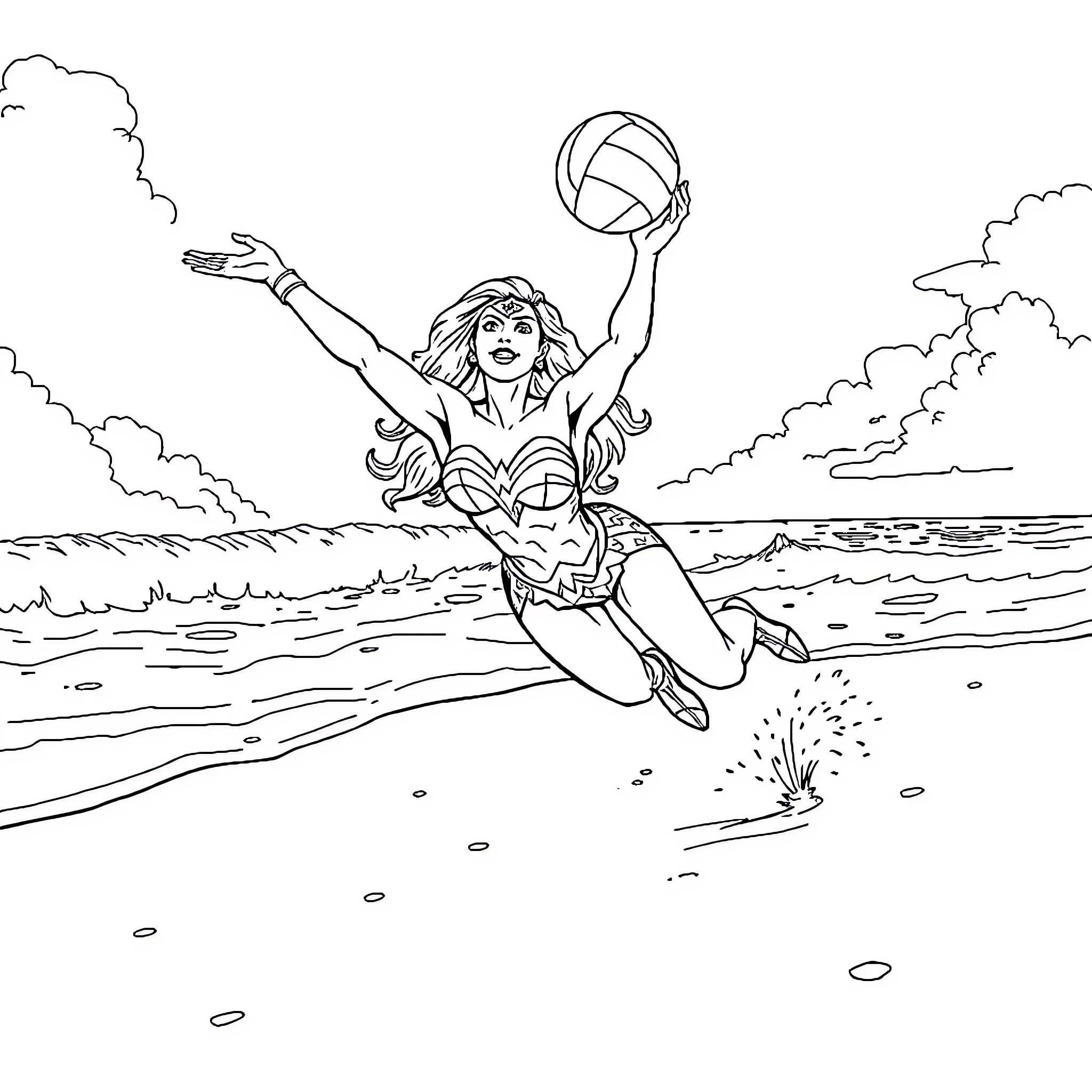 Wonder Woman playing volleyball on the beach Coloring Page (free black-and-white line drawing printable PDF for all, from beginners to advanced learners, including children, teens, adults, and seniors)