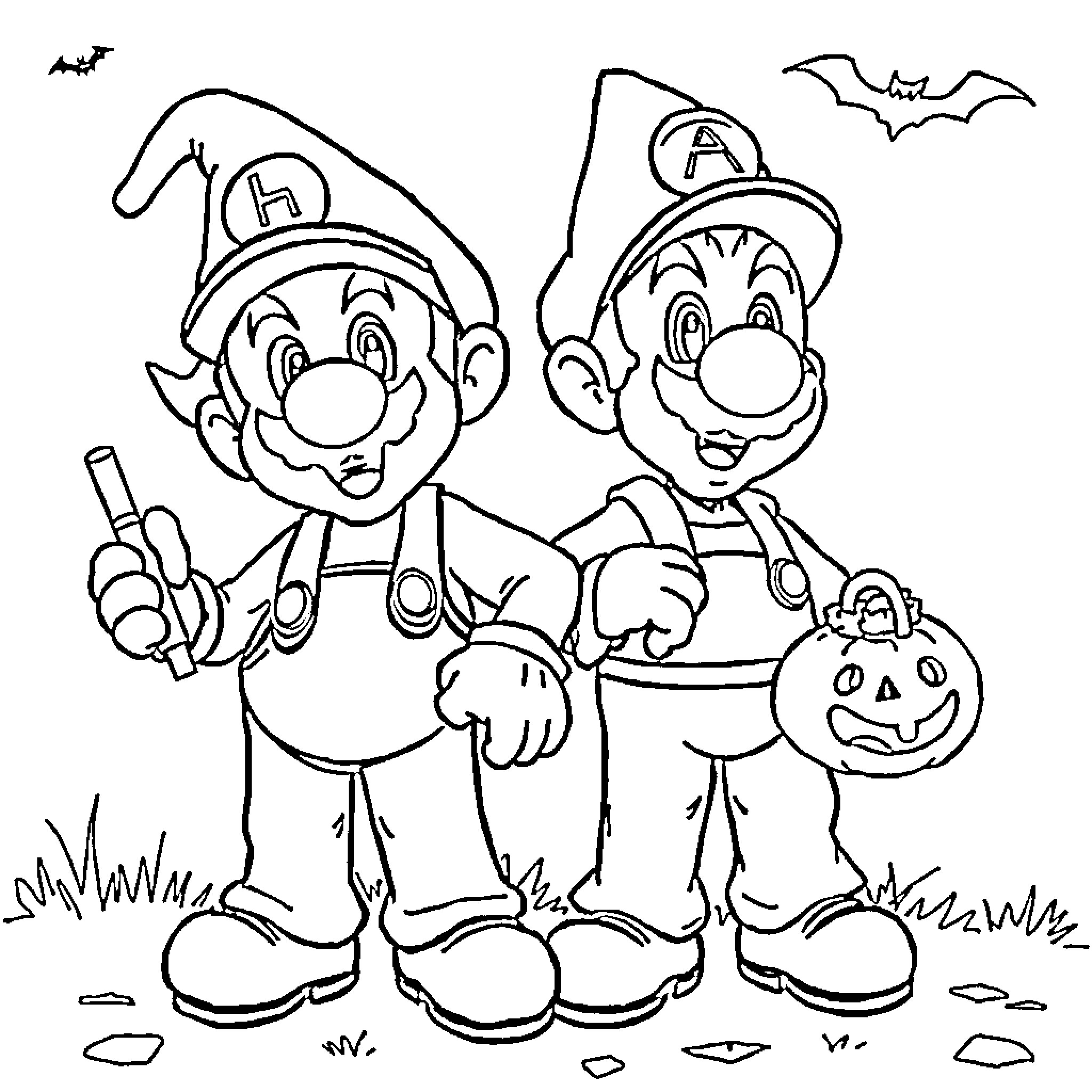Super Mario Brothers in Halloween Costumes Coloring Page (free black-and-white line drawing printable PDF for all, from beginners to advanced learners, including children, teens, adults, and seniors)