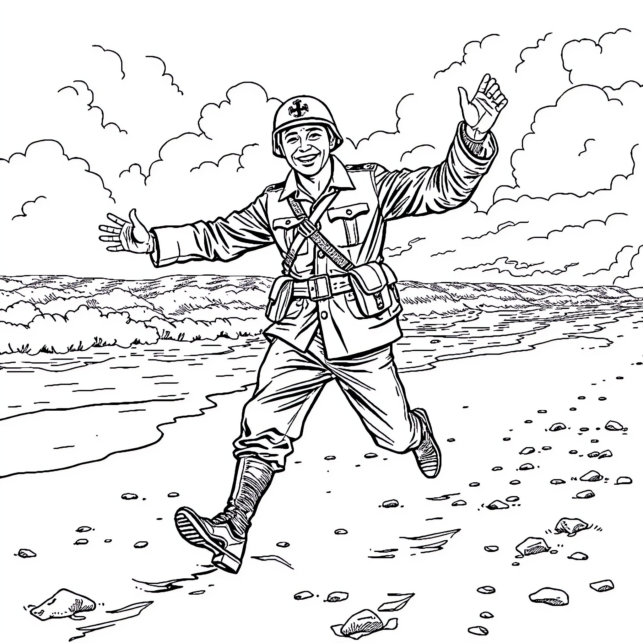 Soldier waving and advancing in battle scene Coloring Page (free black-and-white line drawing printable PDF for all, from beginners to advanced learners, including children, teens, adults, and seniors)