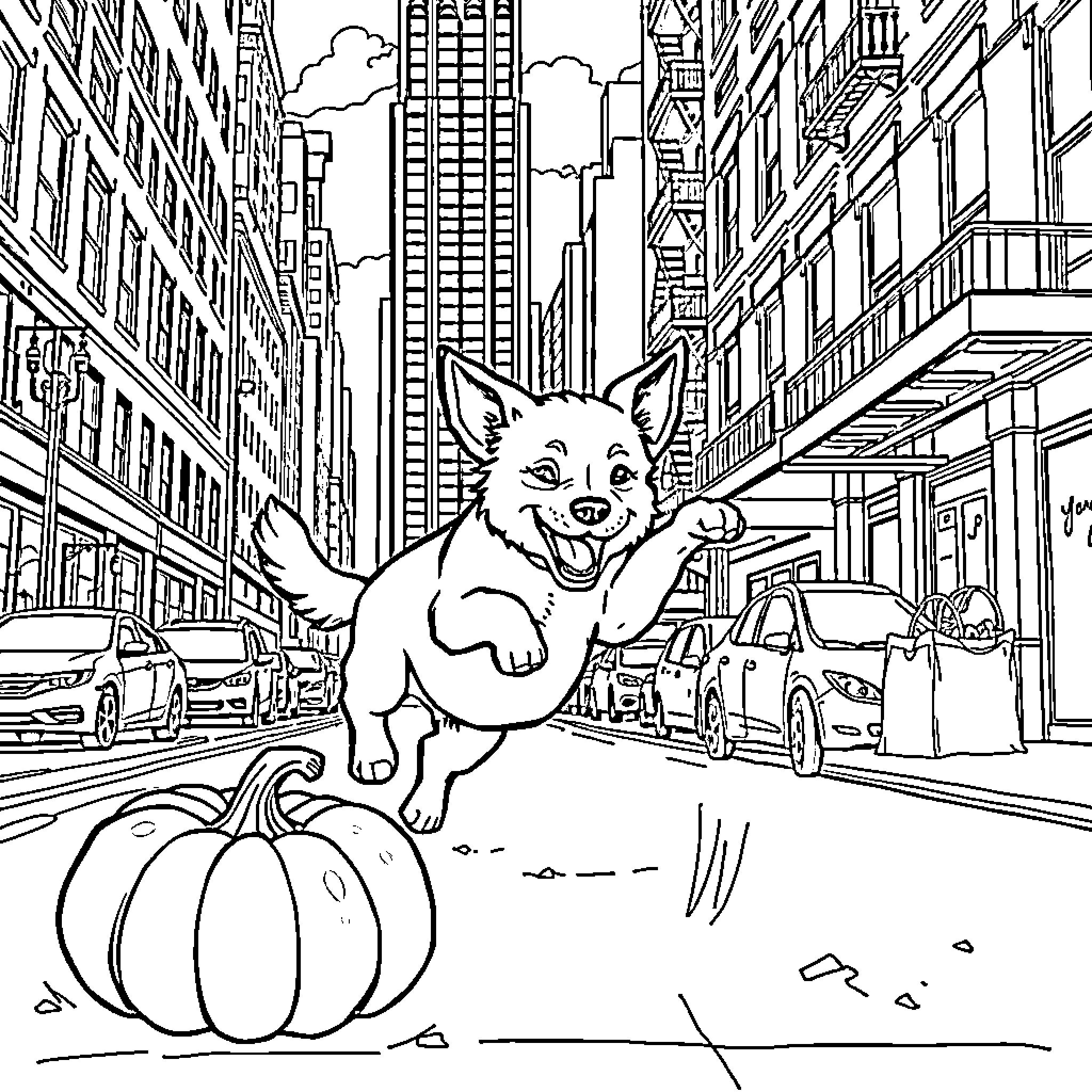 Dog playing joyfully in the city streets Coloring Page (free black-and-white line drawing printable PDF for all, from beginners to advanced learners, including children, teens, adults, and seniors)