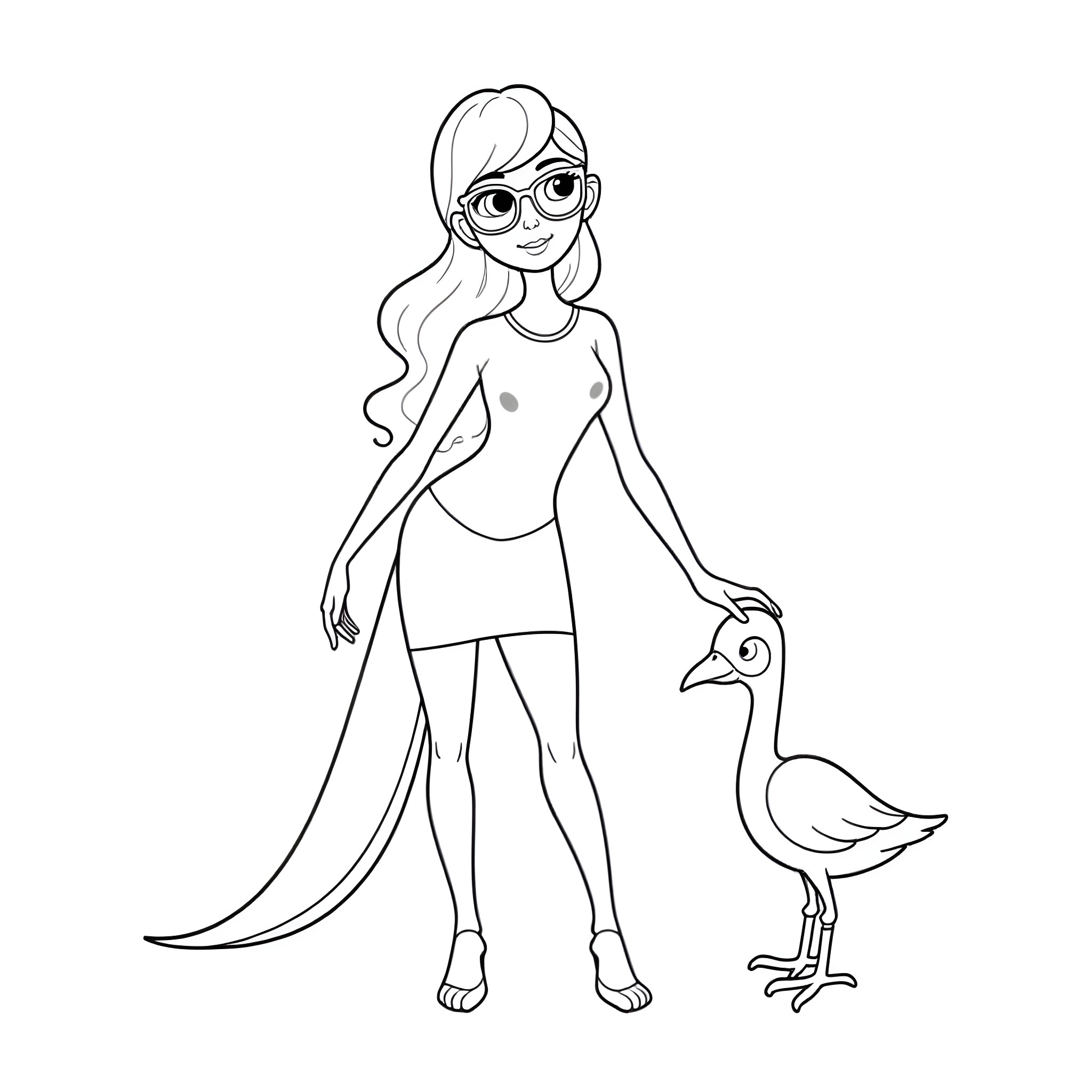 Velma and her feathered friend Coloring Page (free black-and-white line drawing printable PDF for all, from beginners to advanced learners, including children, teens, adults, and seniors)