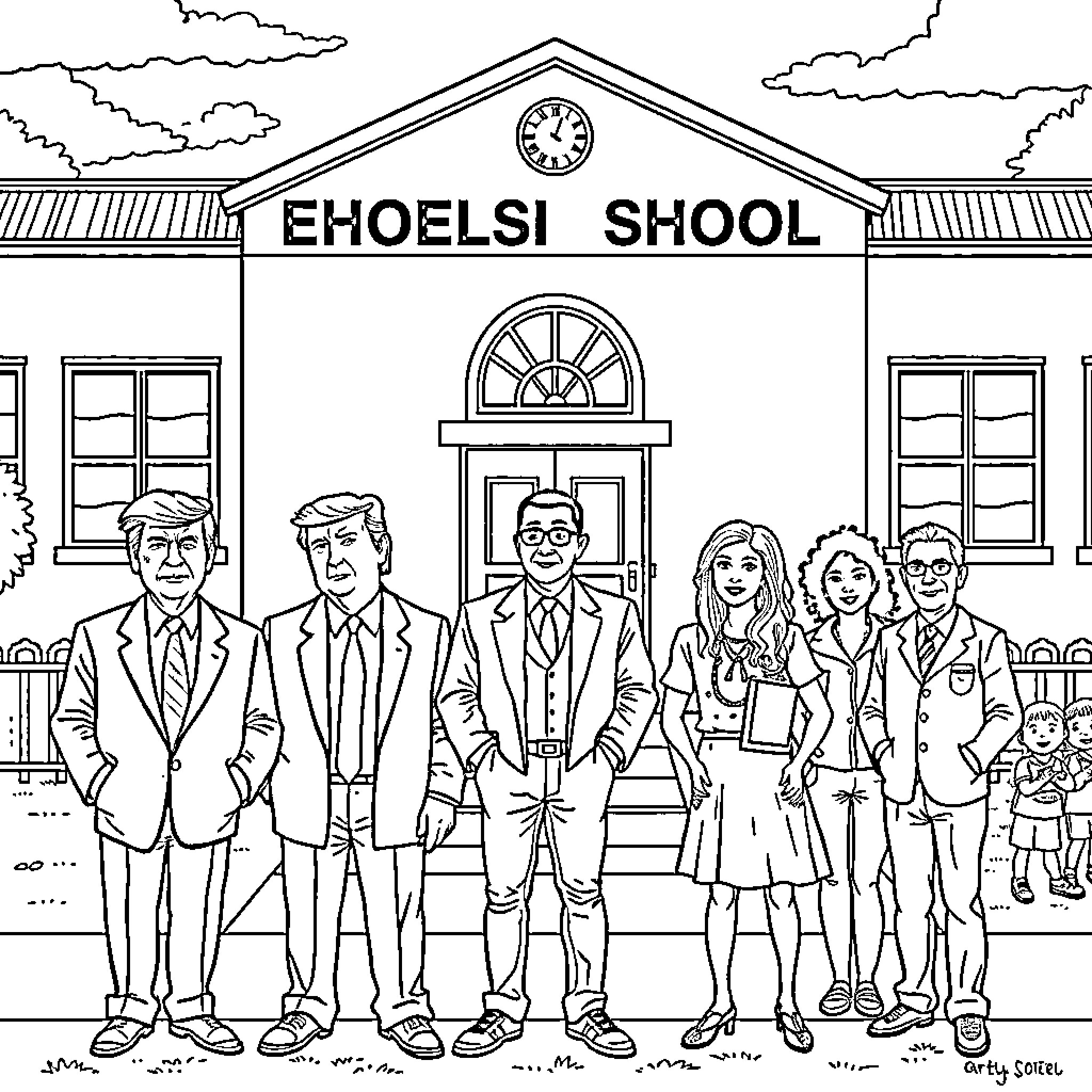 Celebrity Group Posing Outside Ehoelsi School Coloring Page (free black-and-white line drawing printable PDF for all, from beginners to advanced learners, including children, teens, adults, and seniors)