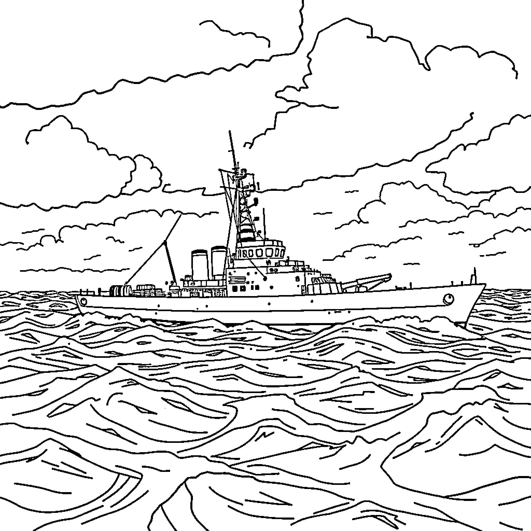 Frigate sailing through the stormy seas Coloring Page (free black-and-white line drawing printable PDF for all, from beginners to advanced learners, including children, teens, adults, and seniors)