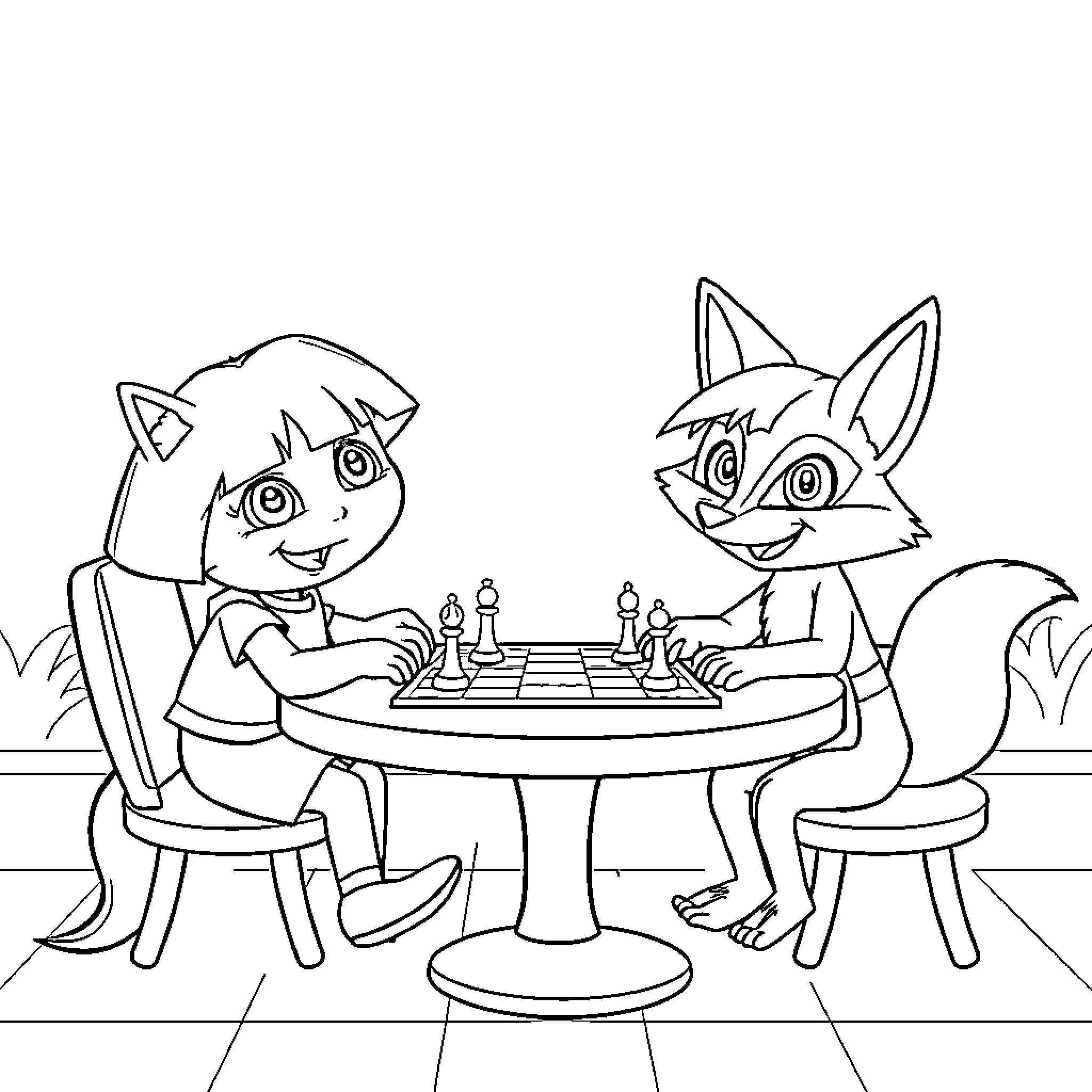 Dora and Boots playing chess together Coloring Page (free black-and-white line drawing printable PDF for all, from beginners to advanced learners, including children, teens, adults, and seniors)