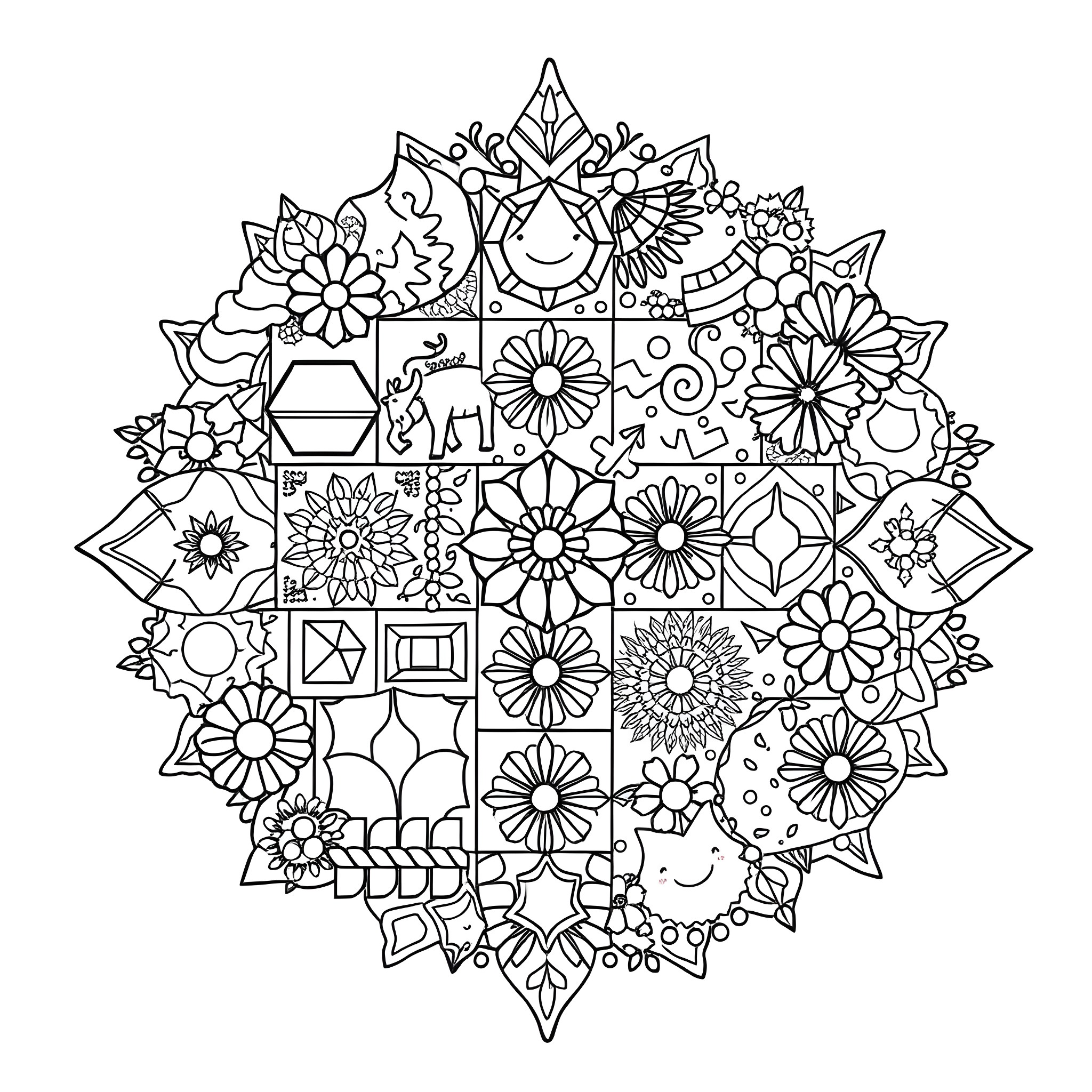 Patchwork of Whimsical Floral Motifs Coloring Page (free black-and-white line drawing printable PDF for all, from beginners to advanced learners, including children, teens, adults, and seniors)