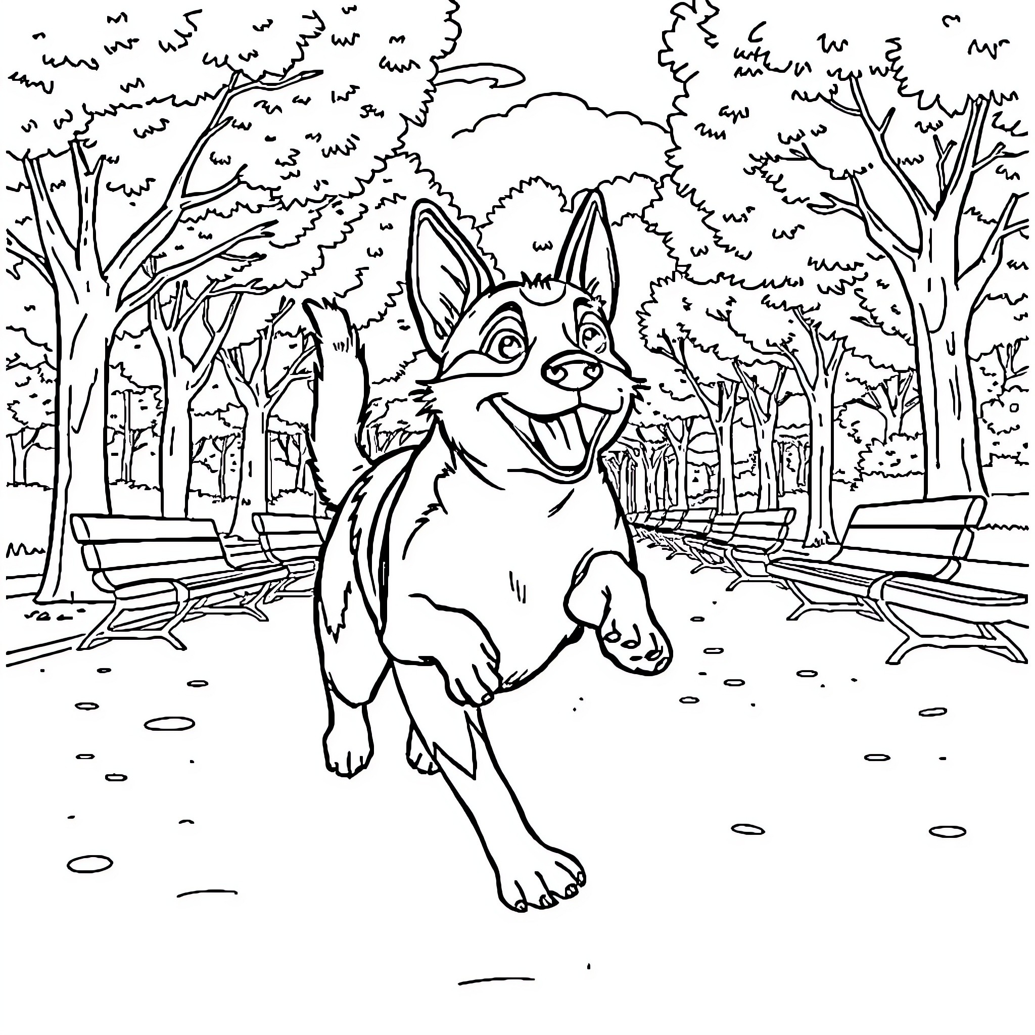 Perro playing in the park Coloring Page (free black-and-white line drawing printable PDF for all, from beginners to advanced learners, including children, teens, adults, and seniors)