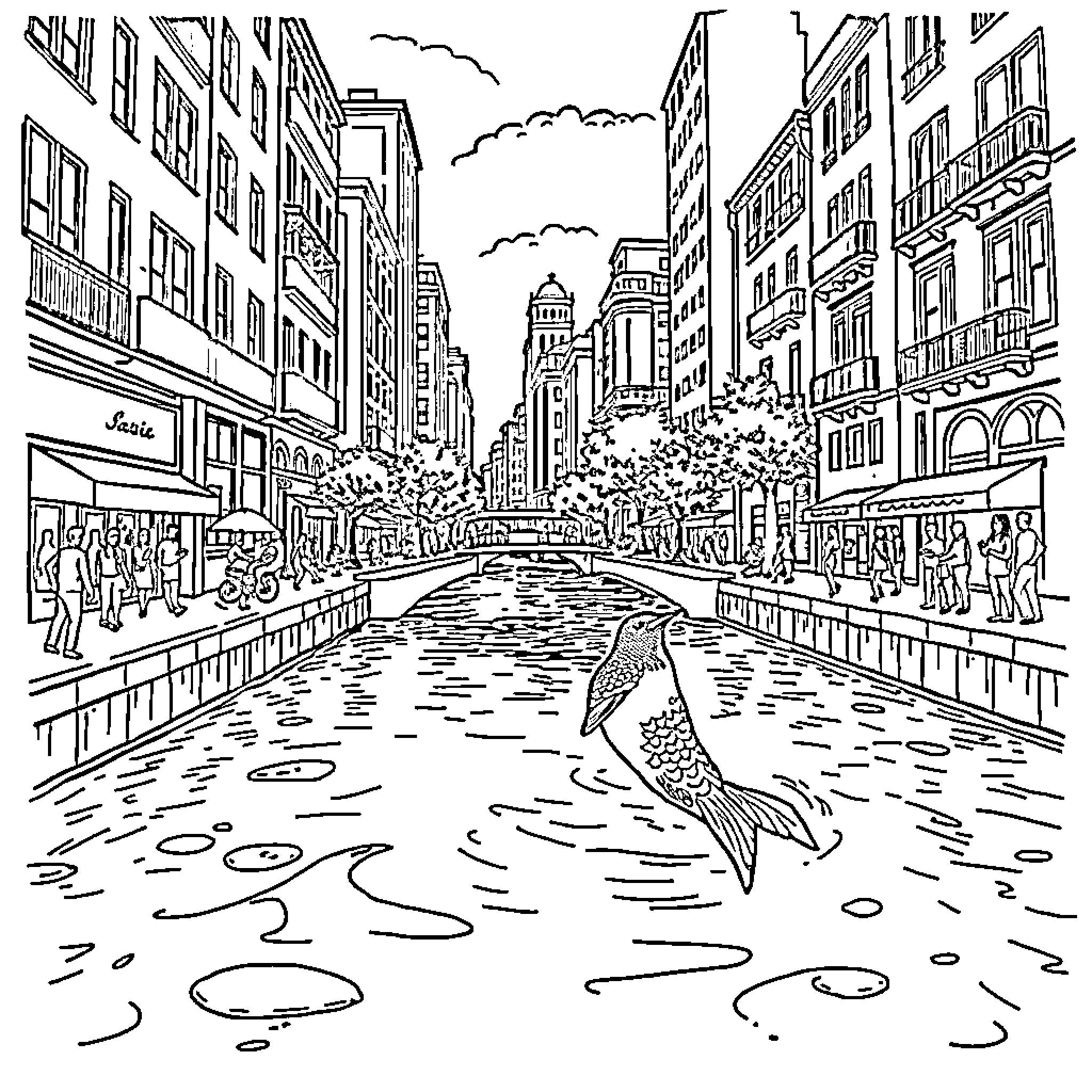 Ajolote exploring the city canal Coloring Page (free black-and-white line drawing printable PDF for all, from beginners to advanced learners, including children, teens, adults, and seniors)