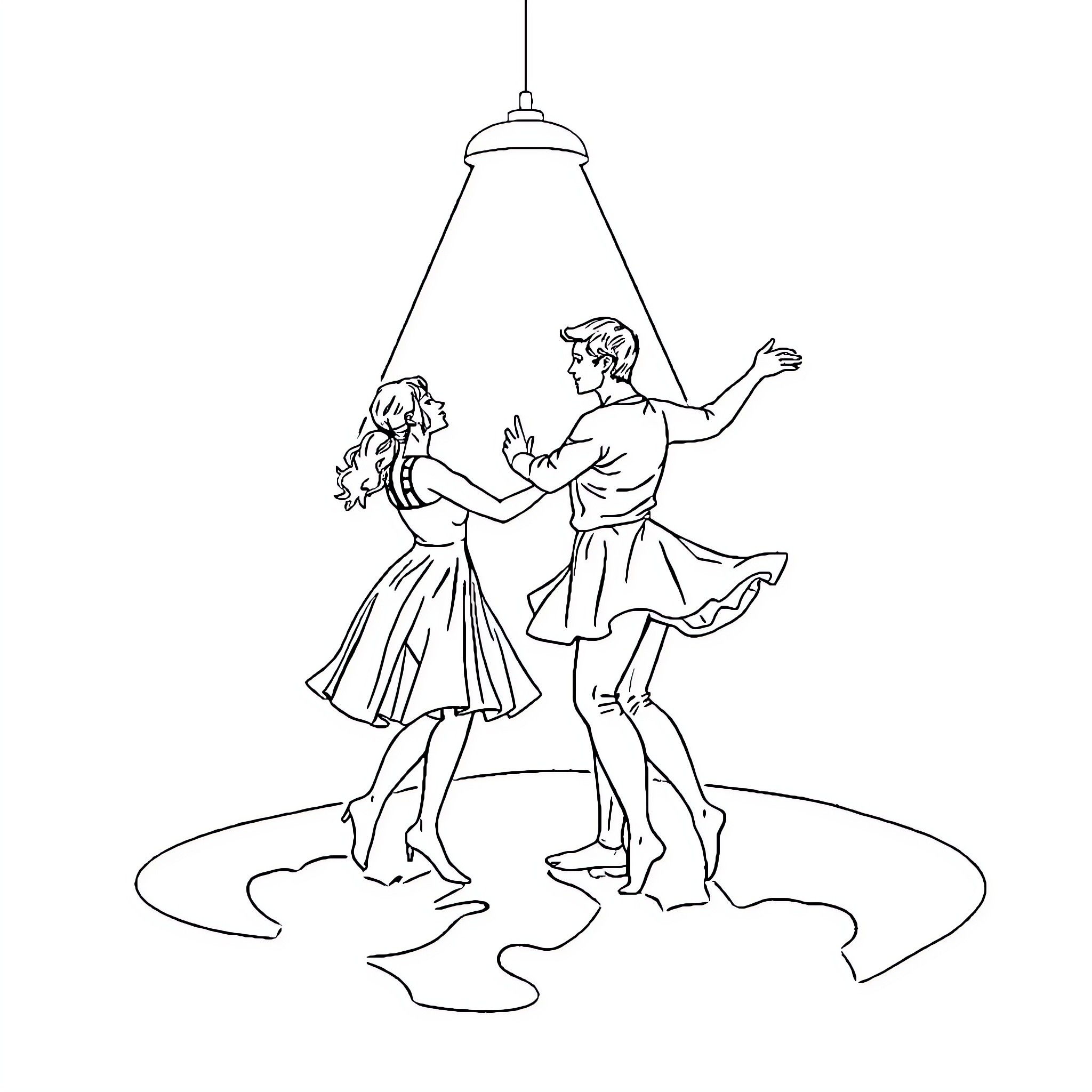 Dance of graceful partners under spotlight Coloring Page (free black-and-white line drawing printable PDF for all, from beginners to advanced learners, including children, teens, adults, and seniors)