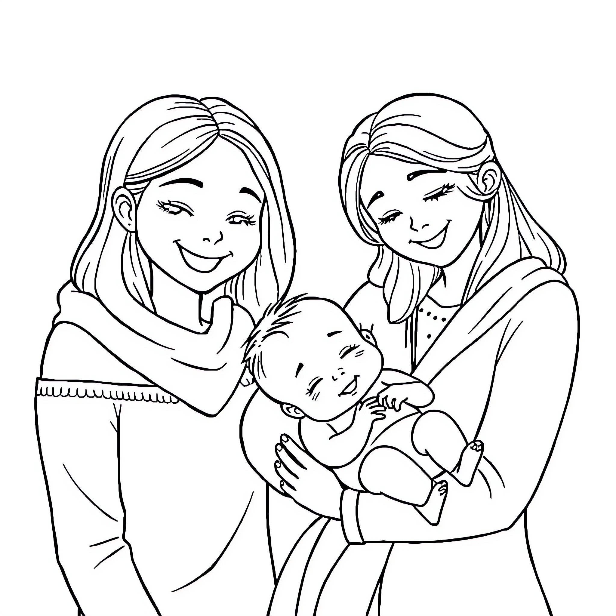 Family enjoying time together with baby Coloring Page (free black-and-white line drawing printable PDF for all, from beginners to advanced learners, including children, teens, adults, and seniors)