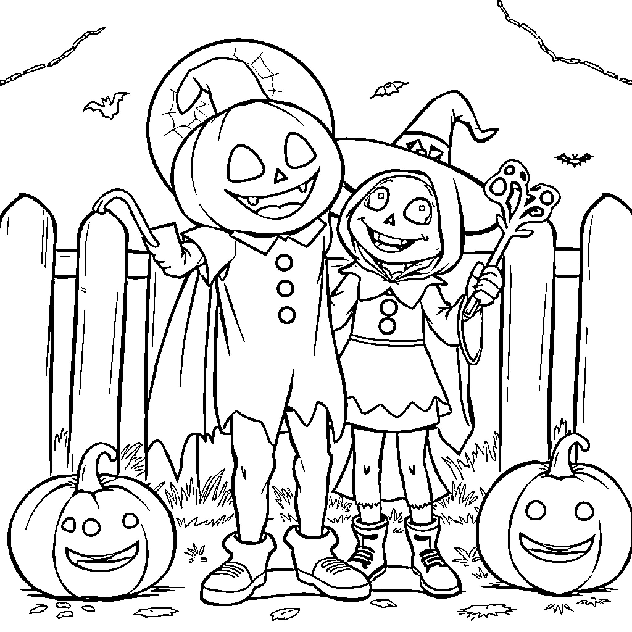 Halloween Costume Trick-or-Treaters in Spooky Scene Coloring Page (free black-and-white line drawing printable PDF for all, from beginners to advanced learners, including children, teens, adults, and seniors)