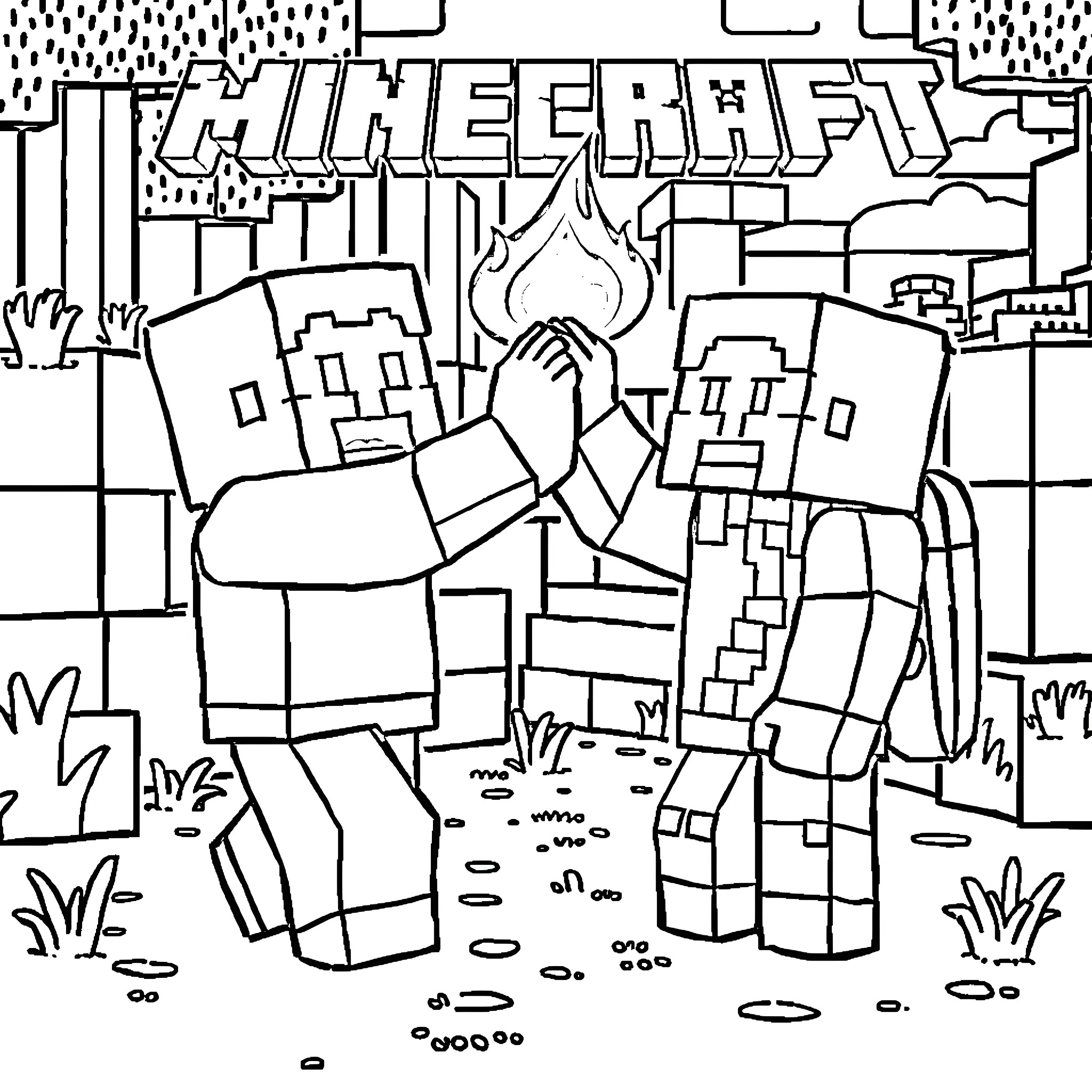 Minecraft Characters Praying in Outdoor Scene Coloring Page (free black-and-white line drawing printable PDF for all, from beginners to advanced learners, including children, teens, adults, and seniors)